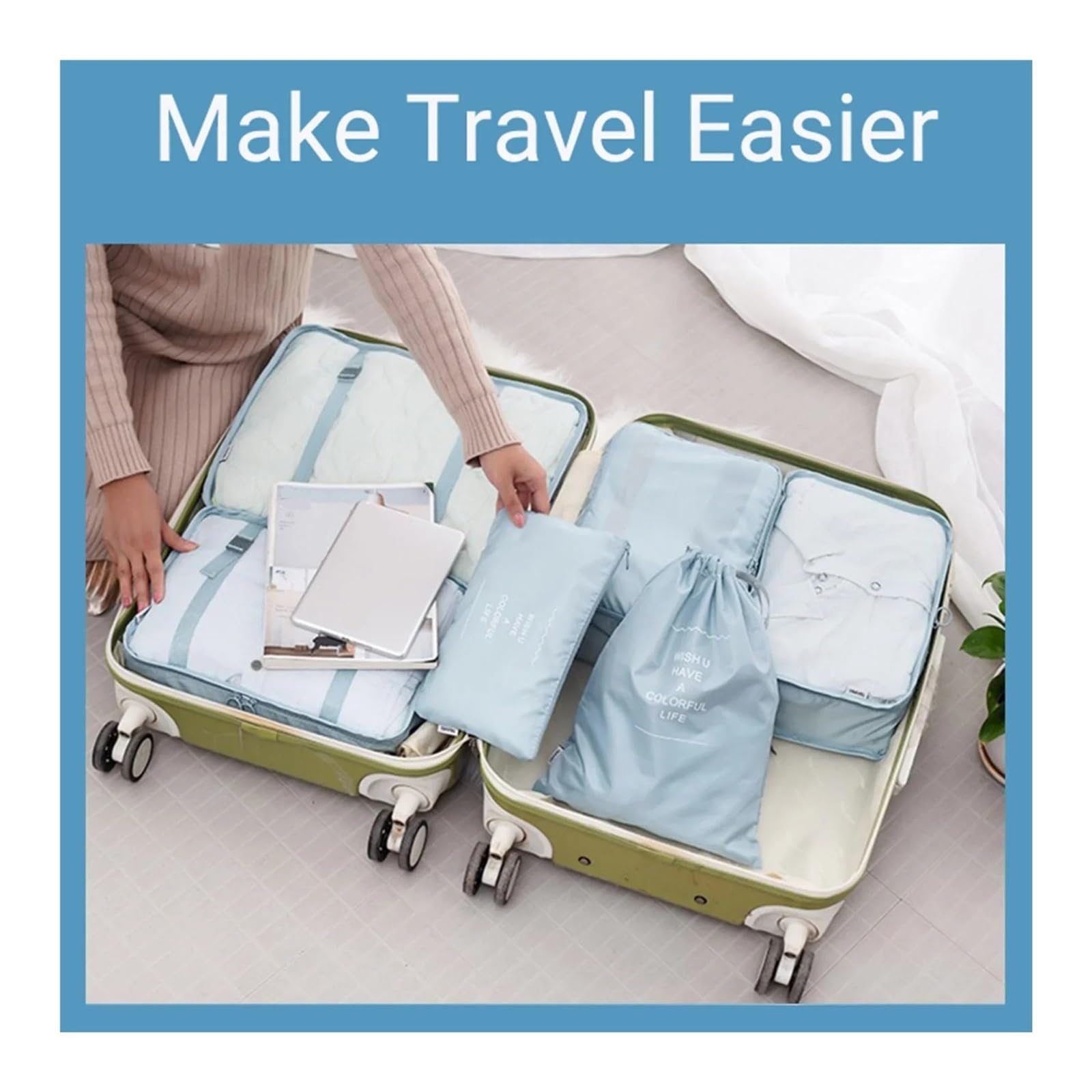 Set da 7 cubi neri viaggio, borsa for riporre i bagagli in rete portatile, organizer for vestiti intimi