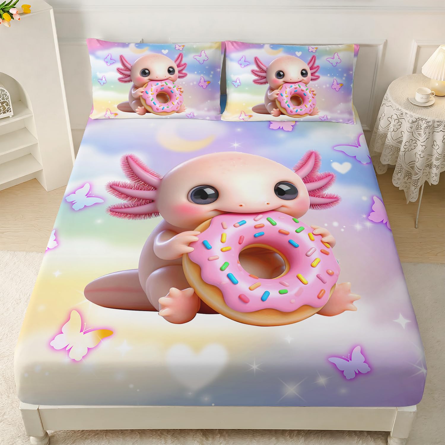 AILONEN Cute Axolotl Fitted Sheet Set, Full Size, 3-Piece Doughnut Axolotl Bed Sheet Set for Kids, Pretty Butterfly Design Fitted Sheet with 2 Pillowcases, Microfiber