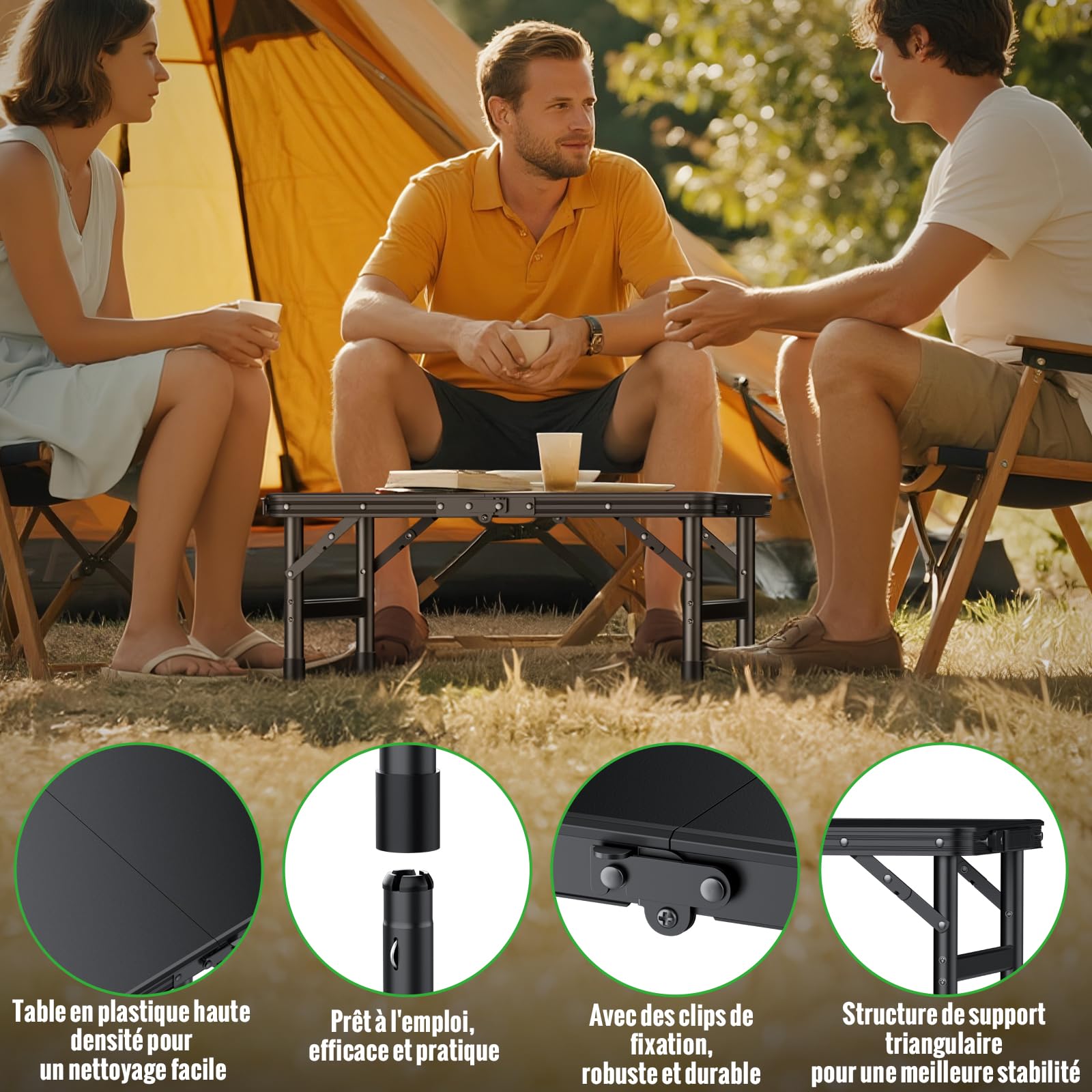 GARLLEN Table de Camping Pliante avec Plateau en Plastique imperméable, Table de Pique-Nique Portable avec 3 hauteurs réglables, Cadre en Aluminium, Table d'extérieur pour Barbecue, Camping | Table Pliante Exterieur à 3 Hauteurs Réglables,Table de Pique-n