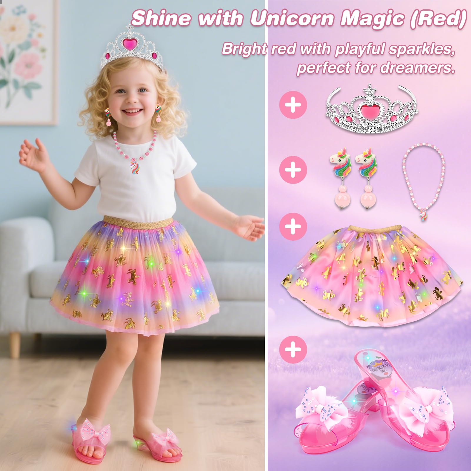 Dreamon Light-Up Princess Dress Up Shoes 3 Themes Princess Costume for Girls with Earrings Necklaces Crown for 3 4 5 6 Aged Kids Girls Christmas - Image 3