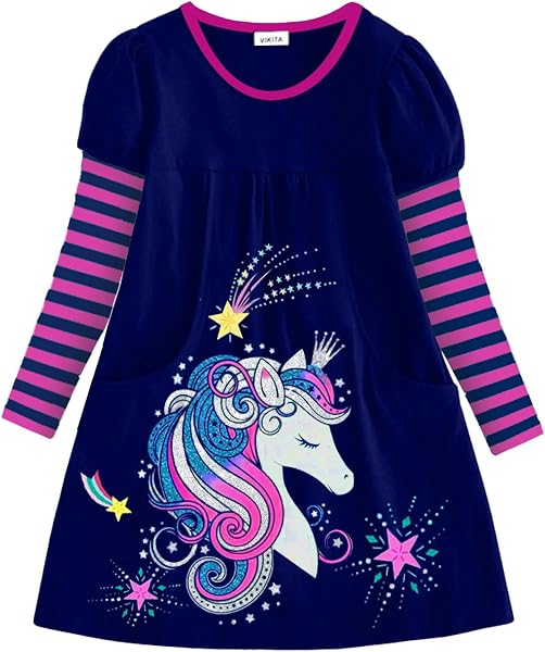 VIKITA Mädchen Baumwolle Cartoon Blumen Langarm Kleid 2-8 Jahre - 5