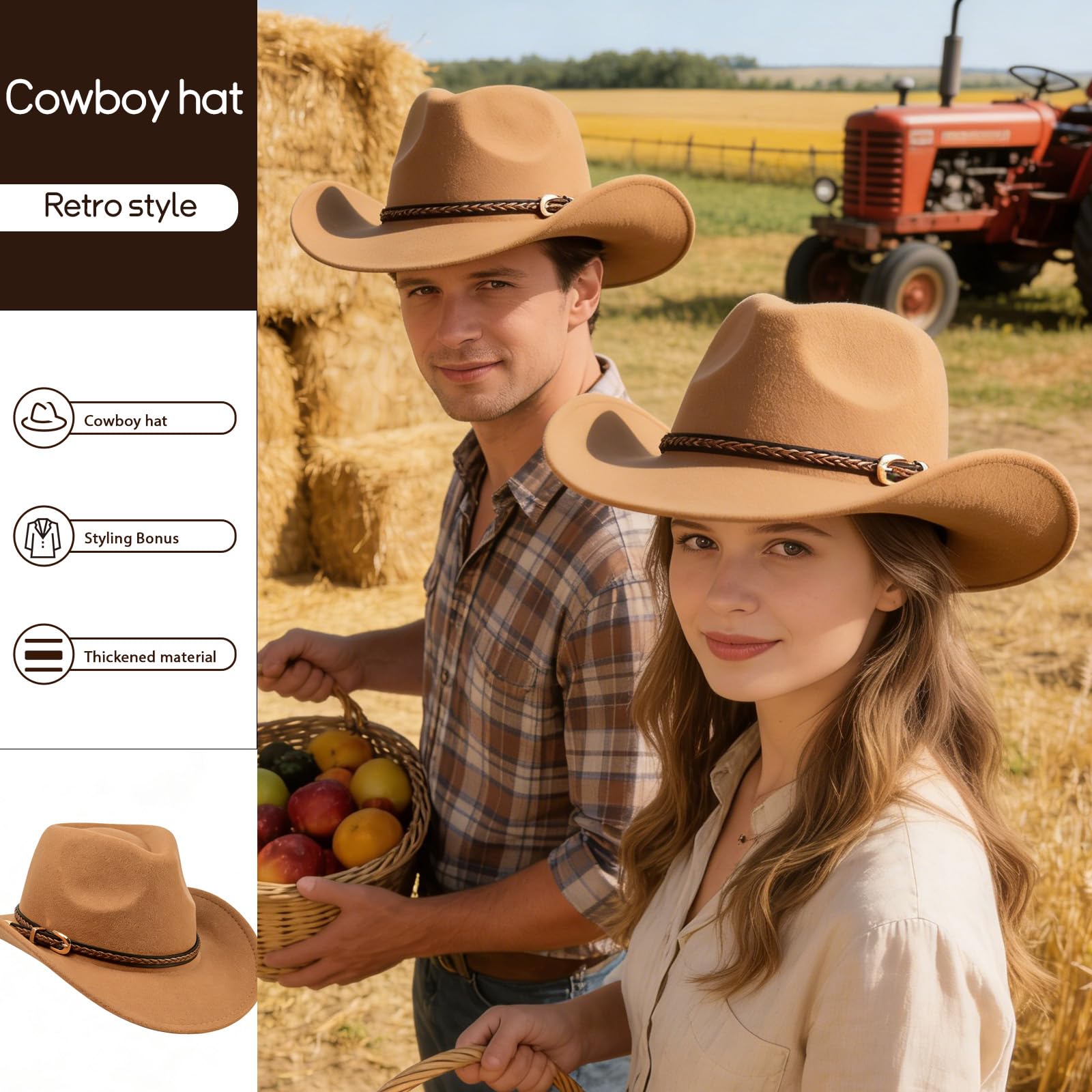 Sombrero vaquero clásico de fieltro de ala ancha con hebilla de cinturón, estilo occidental para hombres y mujeres, sombrero de vaquero de fieltro suave, caqui, verde, M