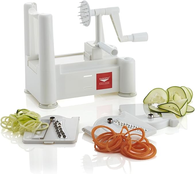 Paderno World Cuisine 3-Blade Vegetable Slicer / Spiralizer, Counter-Mounted and includes 3 Stainless Steel Blades