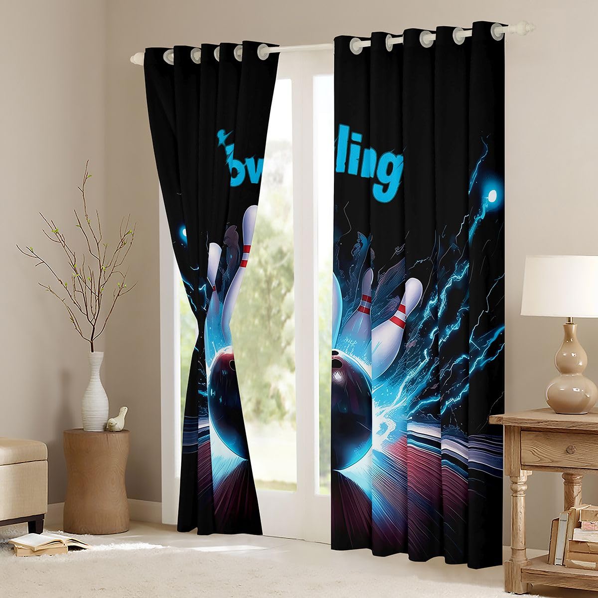 Homewish Chłopięce zasłony okienne do gry w kręgle, 132 x 160 cm, 2 zestawy paneli – błyskawica, gra sportowa, zasłony zaciemniające dla dzieci, nastolatków, melonik, 3D, piłka, zasłony okienne