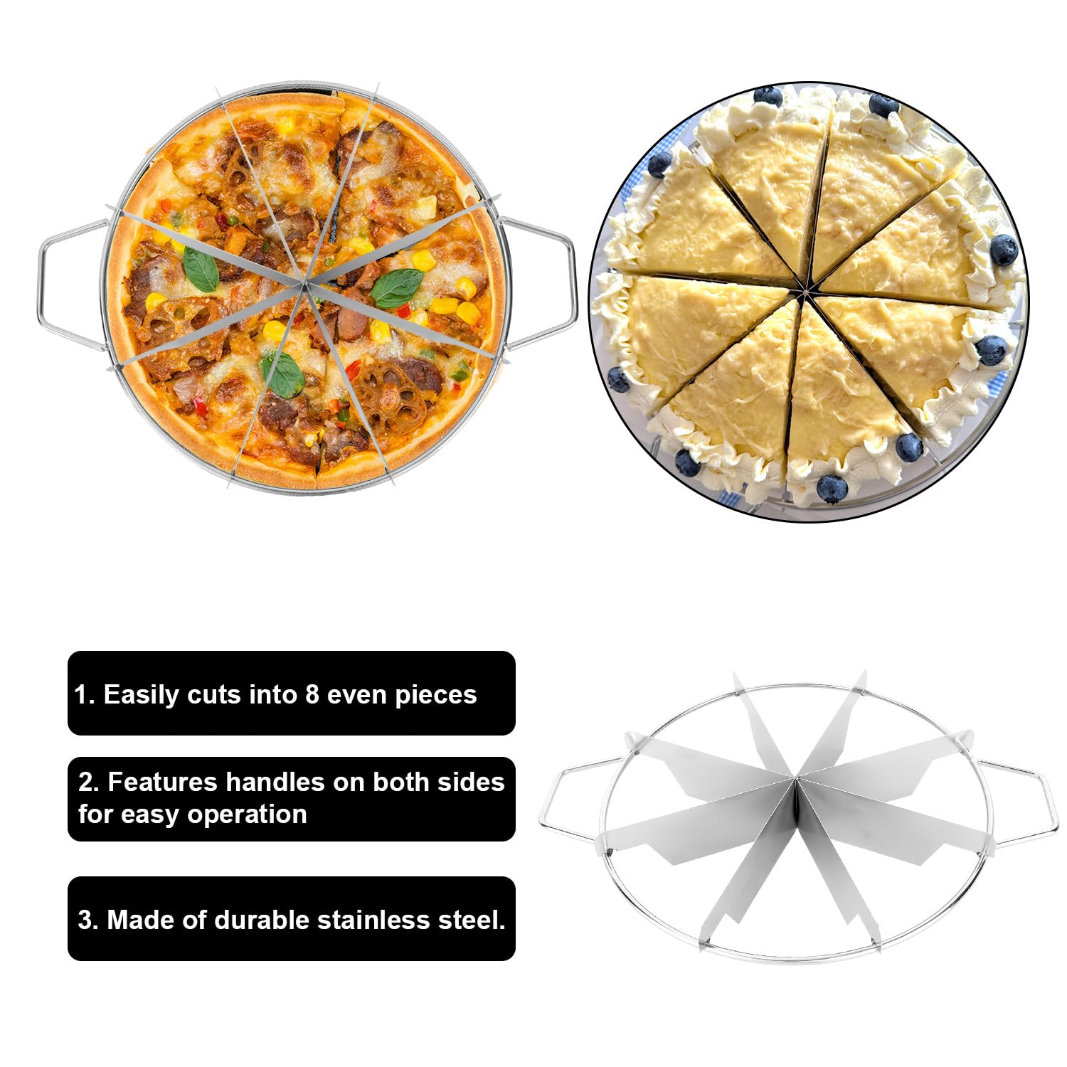 Presse à Découper les Gâteaux à 8 Parts, Coupe-Tartes Ronde en Acier Inoxydable avec Poignées Latérales pour des Portions Uniformes Idéale pour les Boulangeries et la Maison