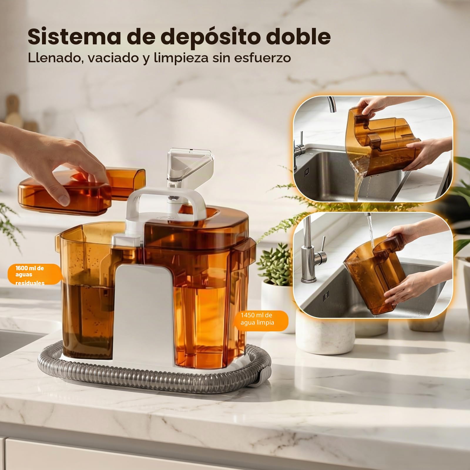 Limpiador de Tapicerias 17kPa Aspiradora de Agua Tapiceria 600W Maquina Limpia Tapicerias para Sofas Alfombras Coche Colchones y Mascotas con Autolimpieza,Depositos Extraibles,Tubos flexible (Marrón)