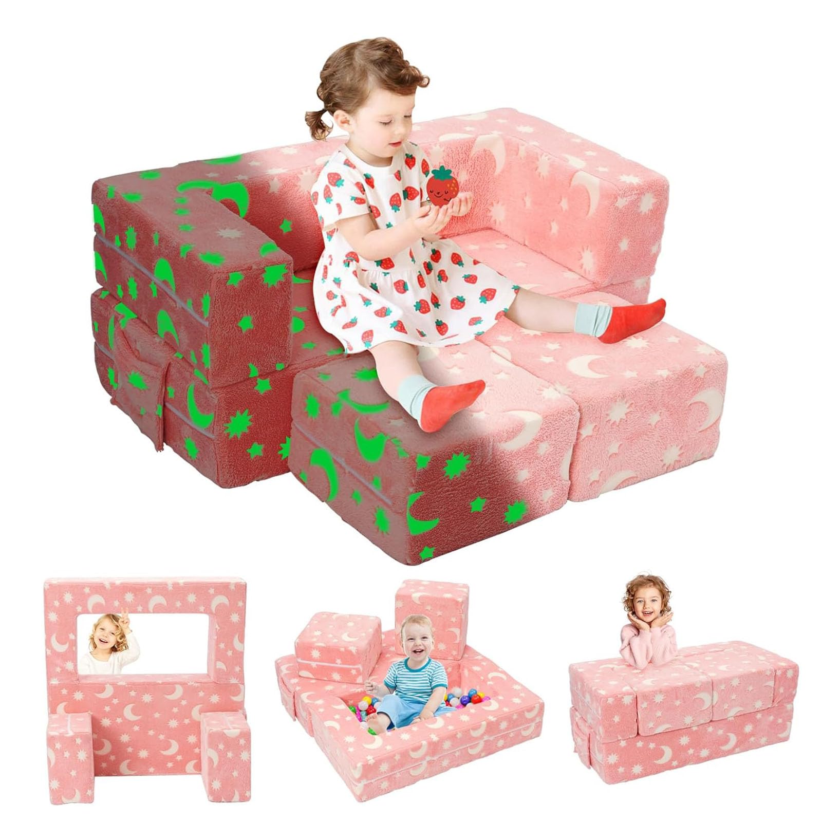 Sillón Bebe, Plegable Sofa Infantil, Sillón Infantil 2 en 1, Sofá Cama Convertible Tumbona, Silla Ancha Suave Funda Extraíble, Rosa Estampado Estrellas, Brilla Oscuridad, Regalo Día Niño Cumpleaños