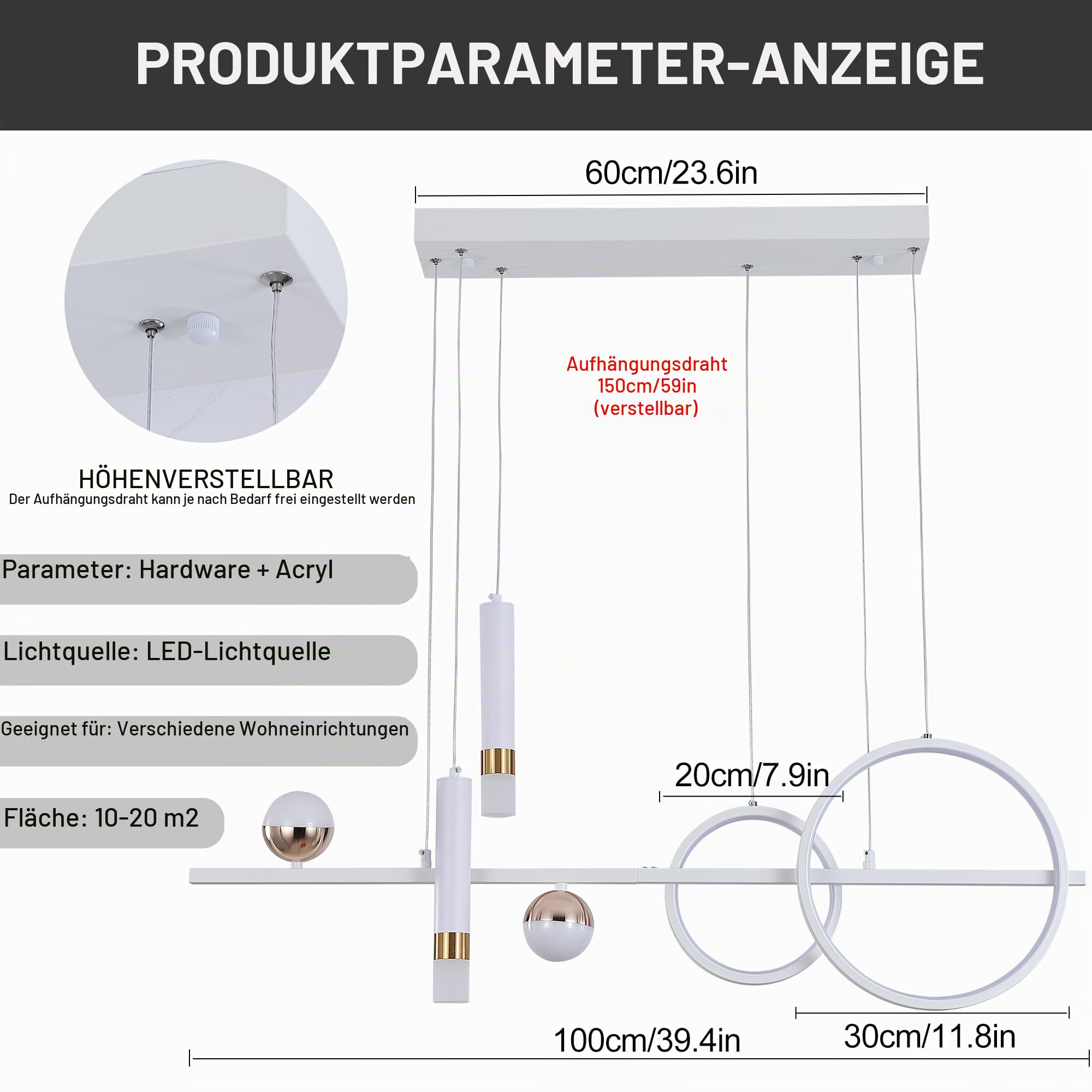 Eoodis LED Pendelleuchte 100cm Dimmbar Linearer Hängeleuchte mit Fernbedienung Esstisch-Pendelleuchte für Küche, Esszimmer, Wohnzimmer (Weiß)