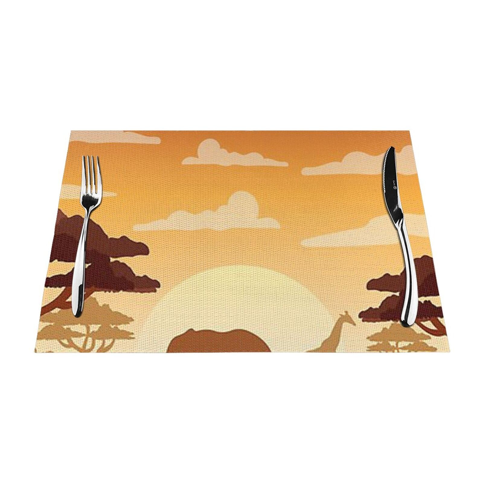 PVC Placemat Set of 1 PCS, 45x30 CM, Elephant and Giraffe in The Sunset Printed Non-Slip Heat Resistant Place Mats for Kitchen Dining Table Indoor Outdoor