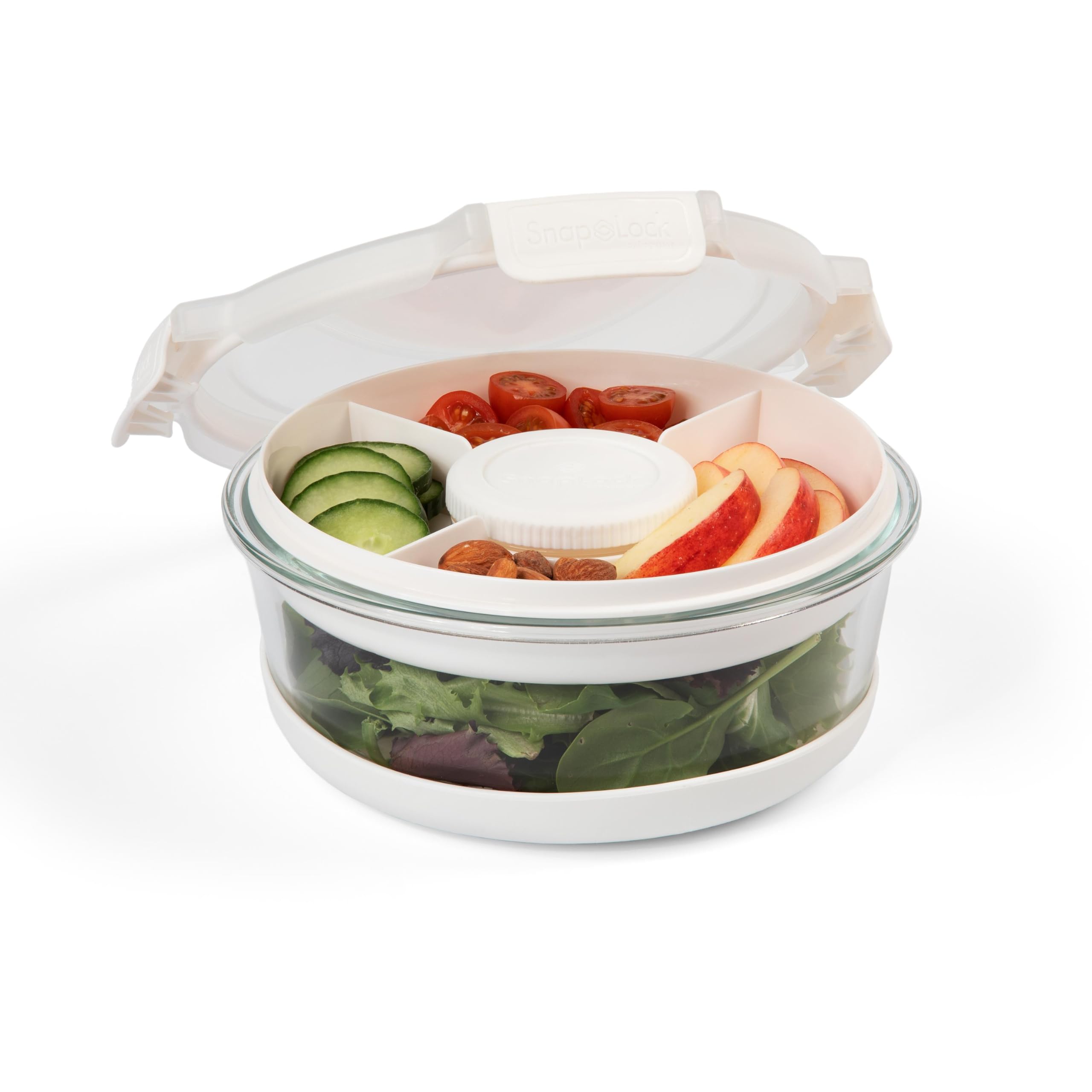 SnapLock Glass Food Storage Salad Container with Divided Upper Tray and Dressing Container, Used for Meal Prep or Lunch On-The-Go, White