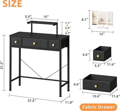 Miniatura 8 de Small Makeup Vanity Desk 27.5''W with Mirror and Lights, Vanity Desk with 3 Fabric Drawers and Height-Adjustable Stand, Vanity Table for Girls