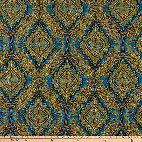 Jinny Beyer Aruba Digital Paisley Teal Gold , Quilting Fabric by the Yard