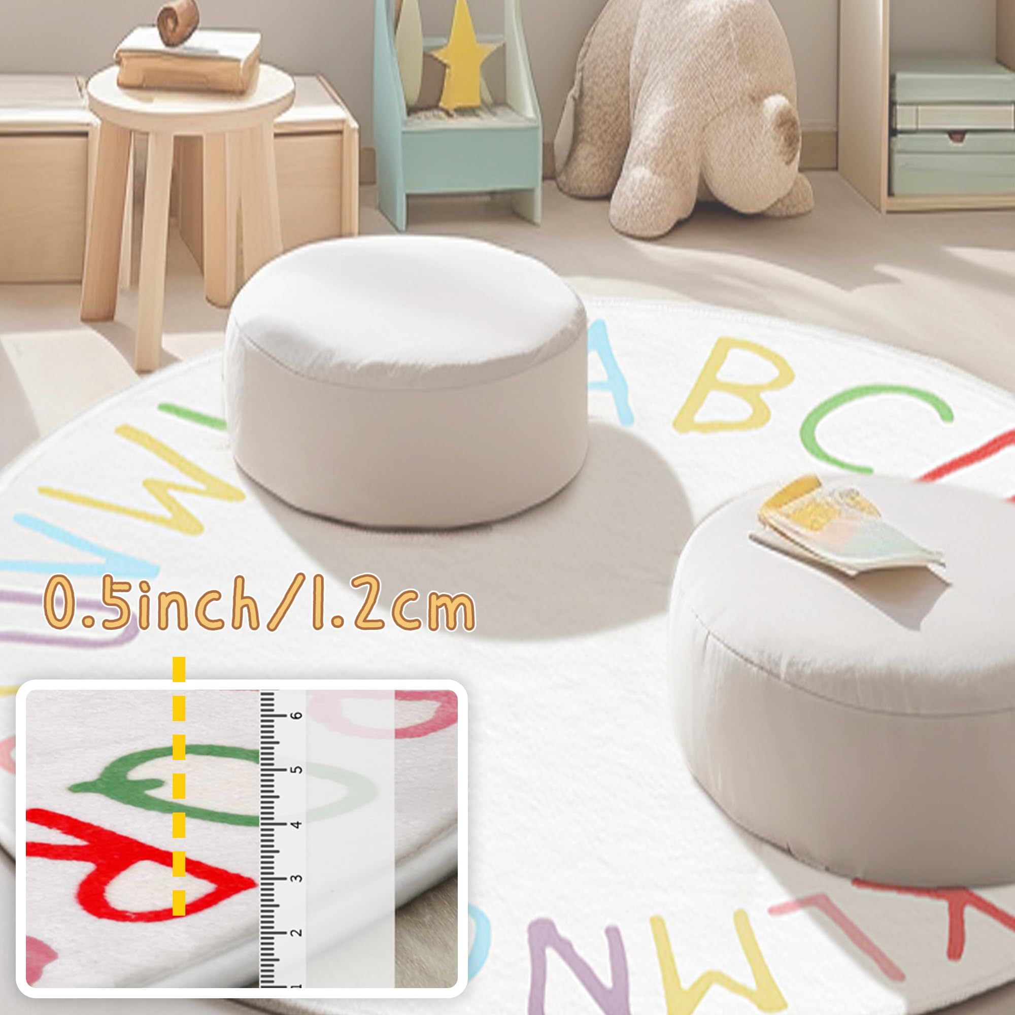 Offizon Round Soft and Fluffy Area Rug, 6.6x6.6 Feet Alphabet Furry Smooth Indoor Decor, Carpets for Living Room, Kid’s Room (Alphabet, 200x200cm)