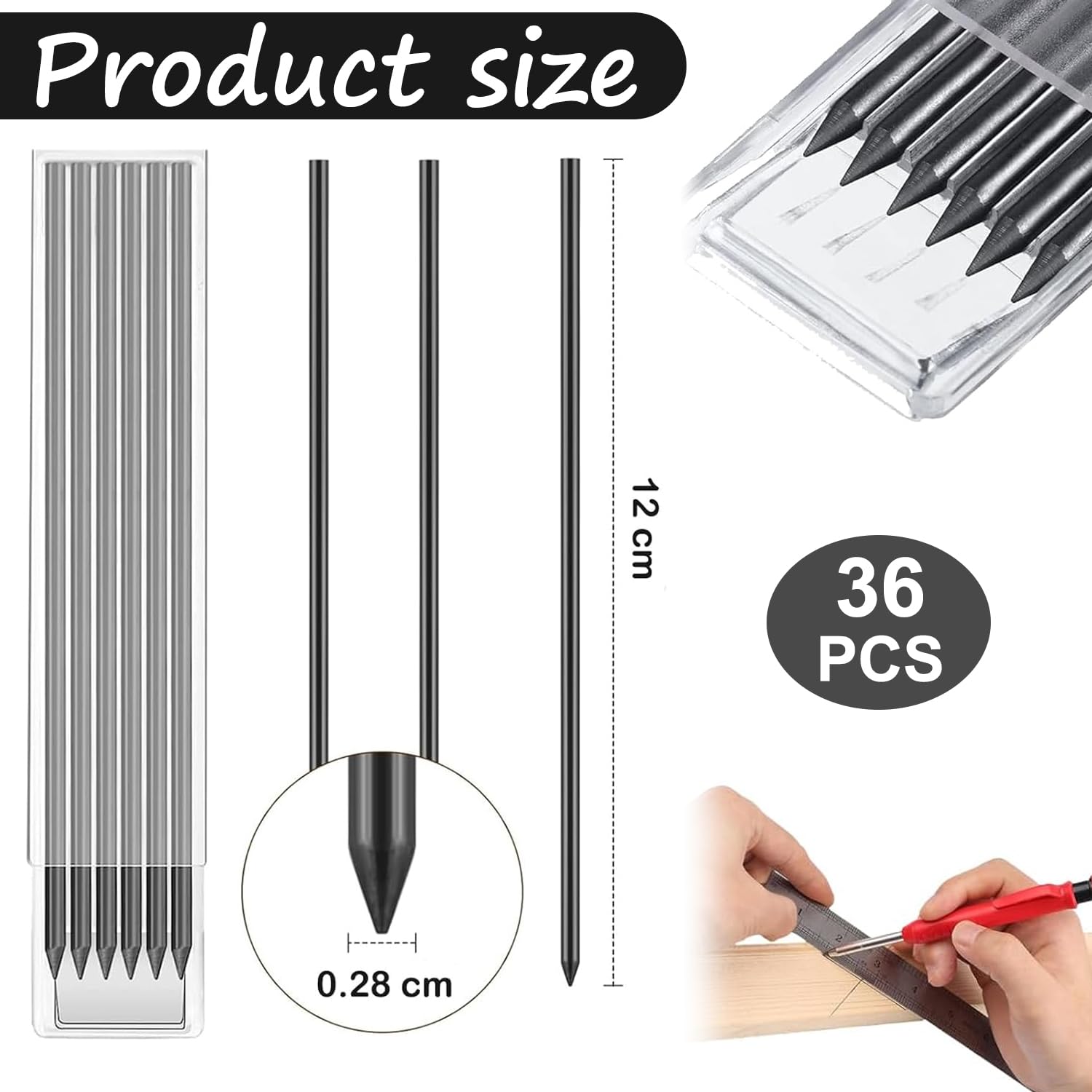 Pencil Refills 36 Pcs Black Pica Pencil Lead Refill 2.0mm Lead with Storage Case for Carpenter Drafting Sketching Drawing Art Design - Image 2