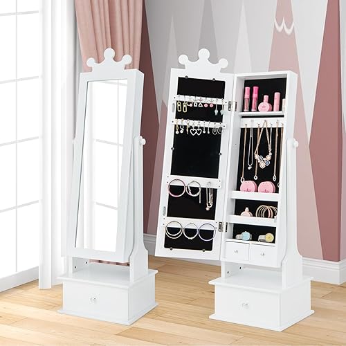 Miniatura 2 de GOFLAME Armario de joyería para niños, armario de joyería para niños con espejo de longitud completa y cajones de almacenamiento, organizador de