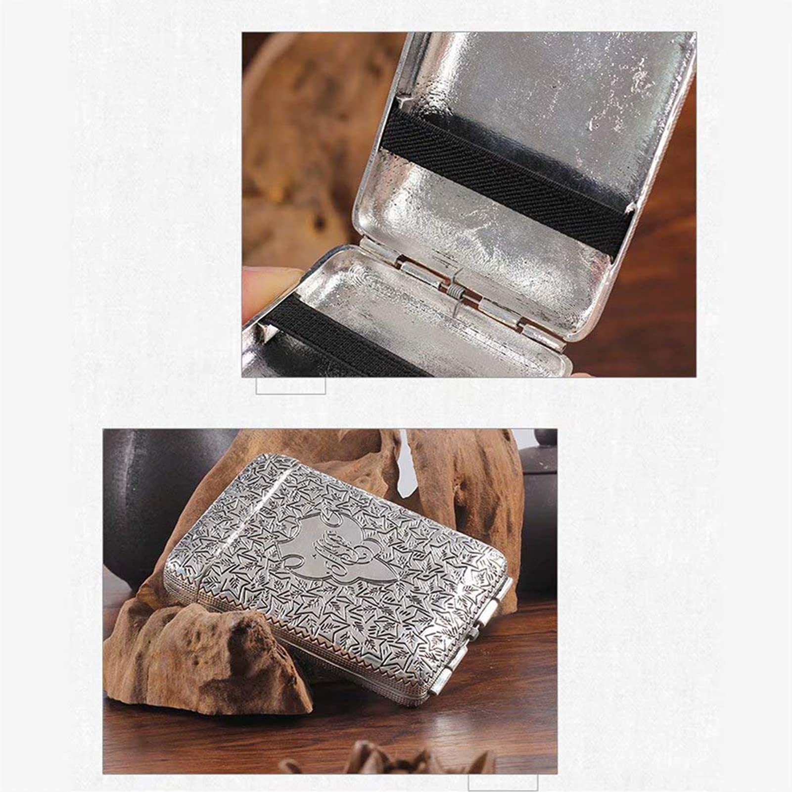 Etui na papierosy retro， metalowe etui na papierosy， przenośne etui na papierosy， trzykrotnie otwierane， odporne na ściskanie， ze wzorem w kształcie wąsów，，