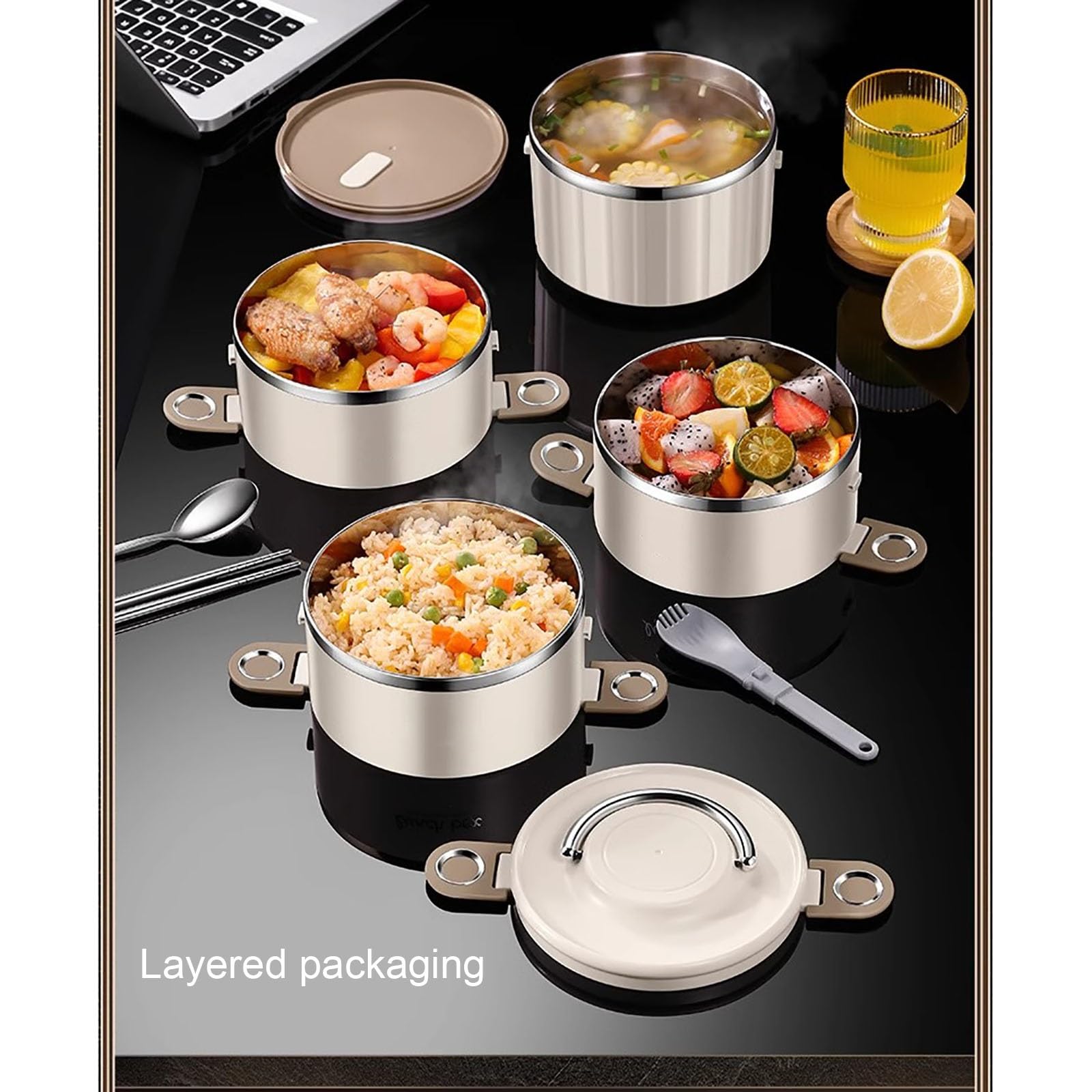 Porta Pranzo, Borse Termiche Porta Pranzo, Bento box in Acciaio inox con Divisori, Lunch box di Grande Capacità con Chiusura Ermetica, con Posate(White,Large)