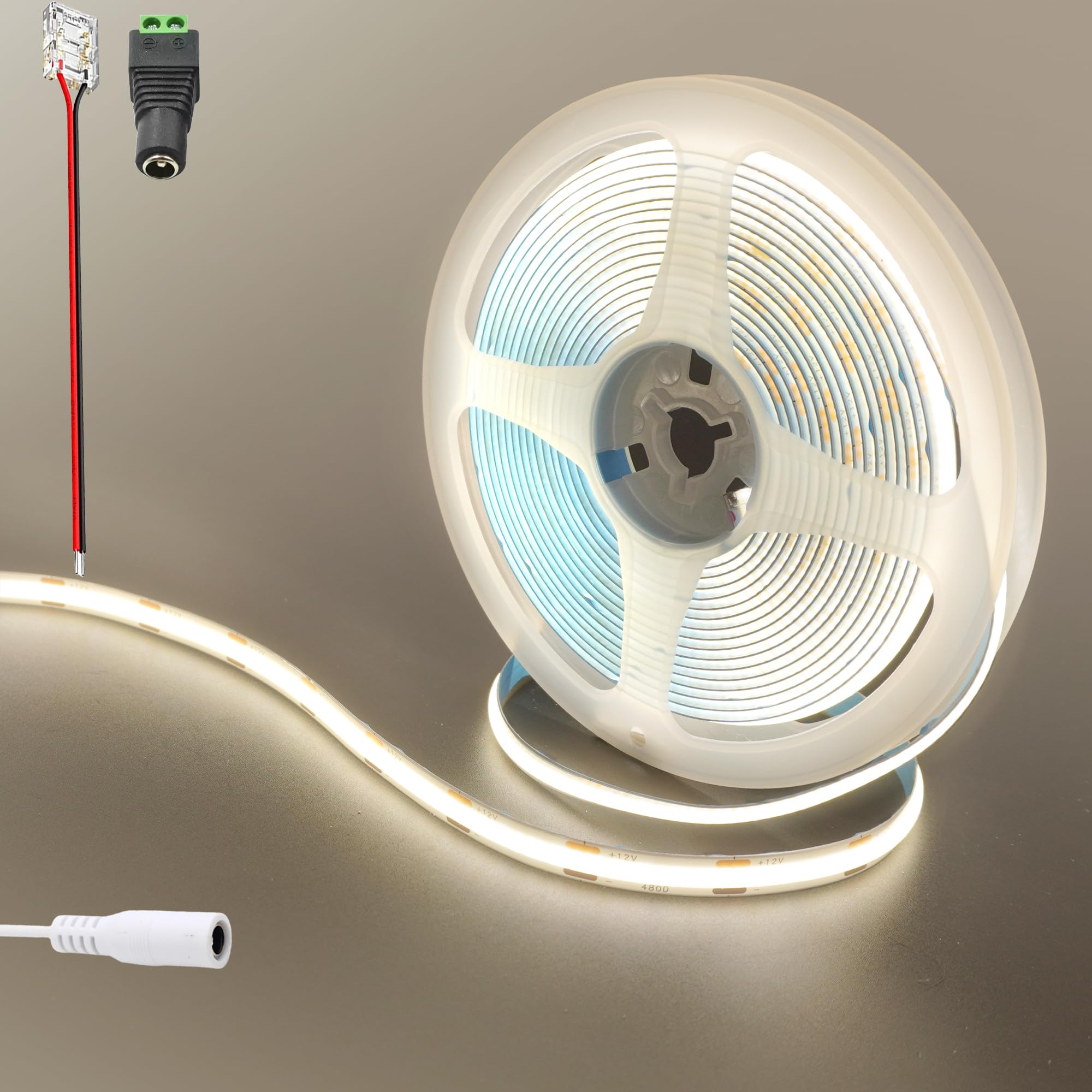 Clearhill 12V COB 480LED Strip Lights,6.56FT/2M(No Power Supply), Natural White 4000K,960LED,with 5521DC Female Connectors,8mm Width,IP20,for DIY Home Indoor Decoration