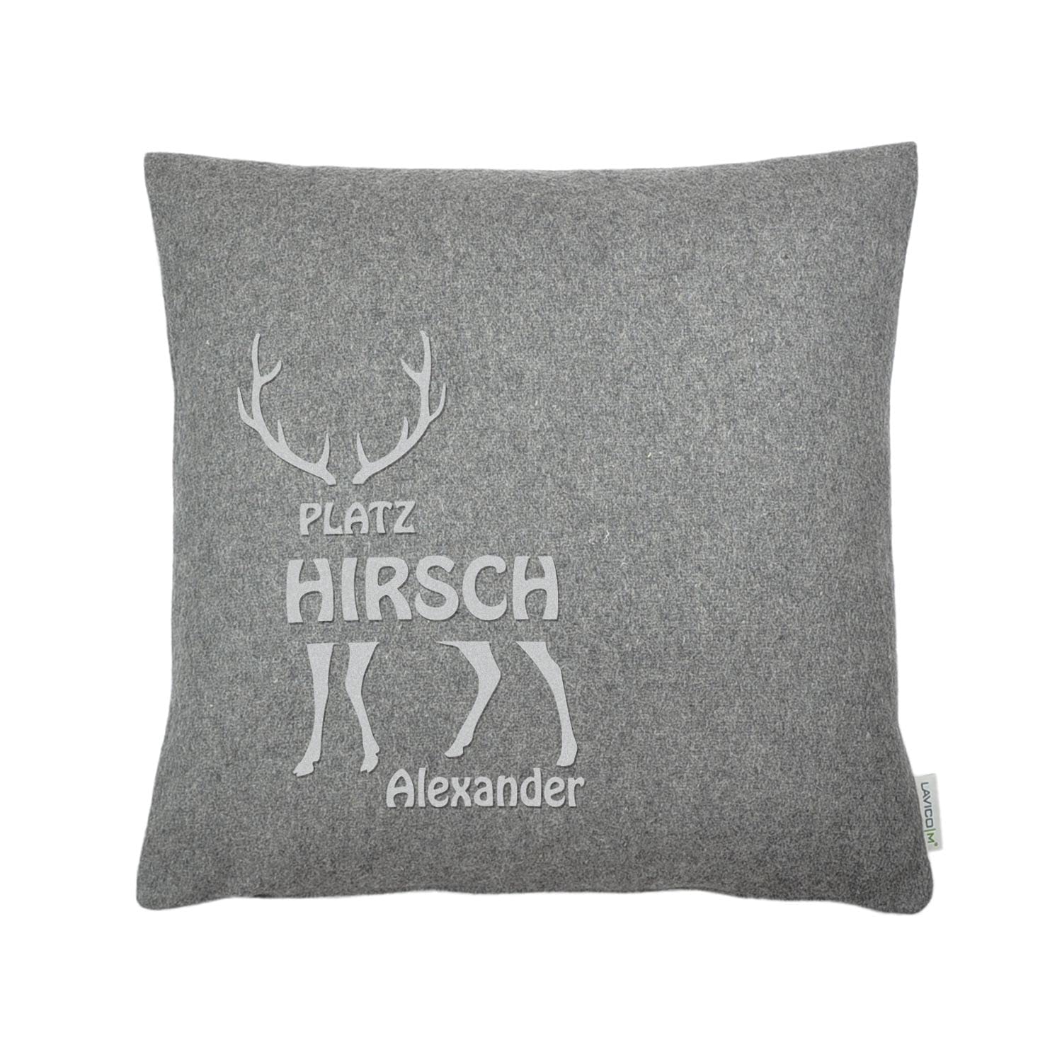Personalisiertes Filzkissen Platzhirsch mit Wunschname Dekokissen 40x40 cm Hirsch Motiv Zierkissen aus Wollfilz samtiger Flockdruck Geschenk für Mann Papa Opa