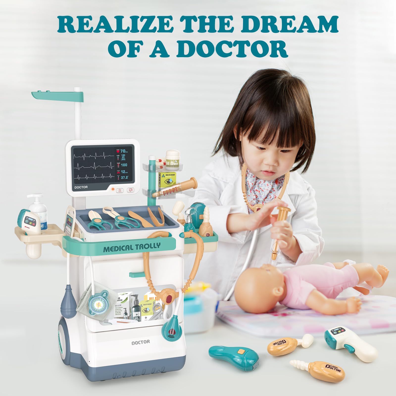 RedCrab Jouet Set Docteur Enfant, Chariot Médical Jeu Prétendant avec 26 Accessoires: Stéthoscope et Équipement Médical, Jeu de Rôle Éducatif Cadeau Jouet pour Enfant 3 Ans + Garçons Filles