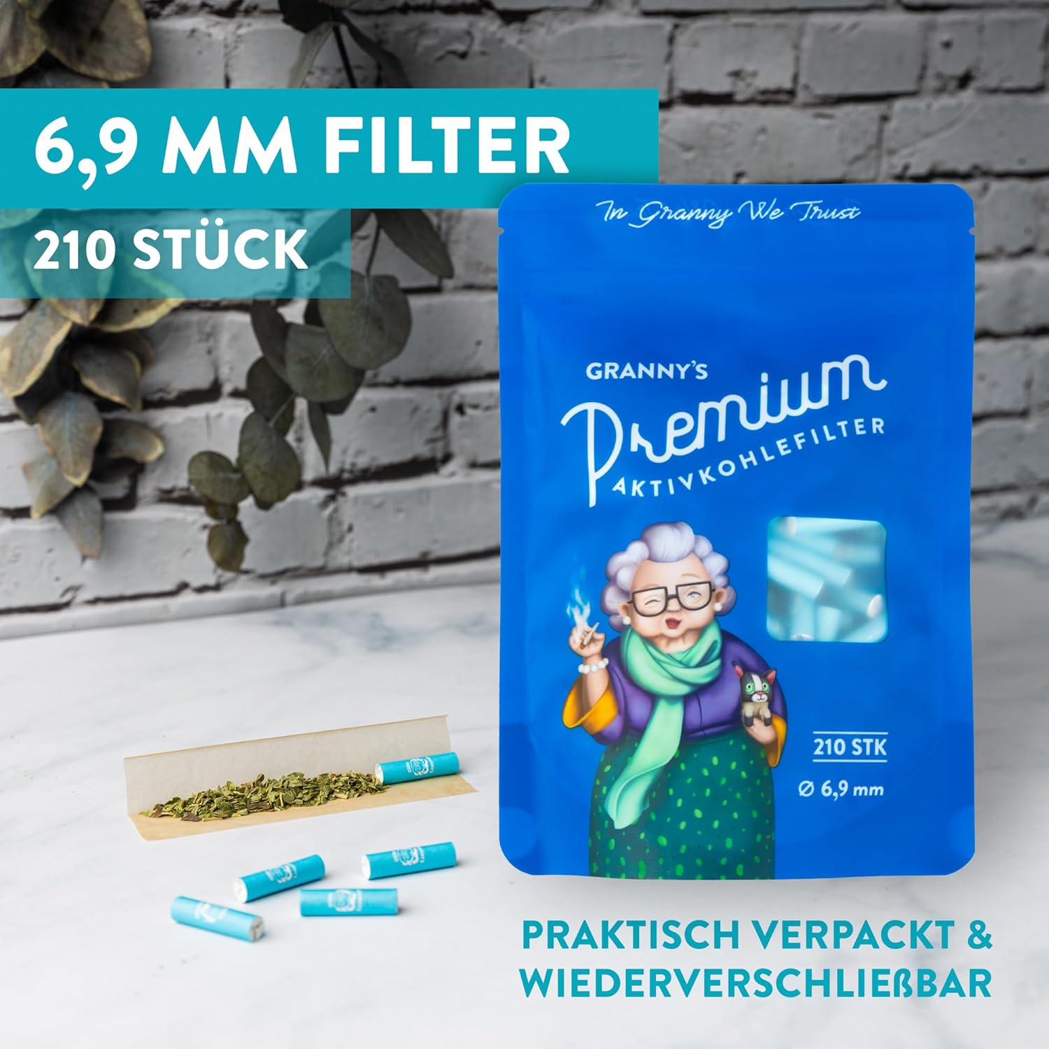 Granny's Exclusive Activated Carbon Filter, 210 x Diameter 6.9 mm Filter Tips, Made of Vegan Coconut Activated Carbon, Pack of 210 in Blue, Carbon Filter for Self-Turning