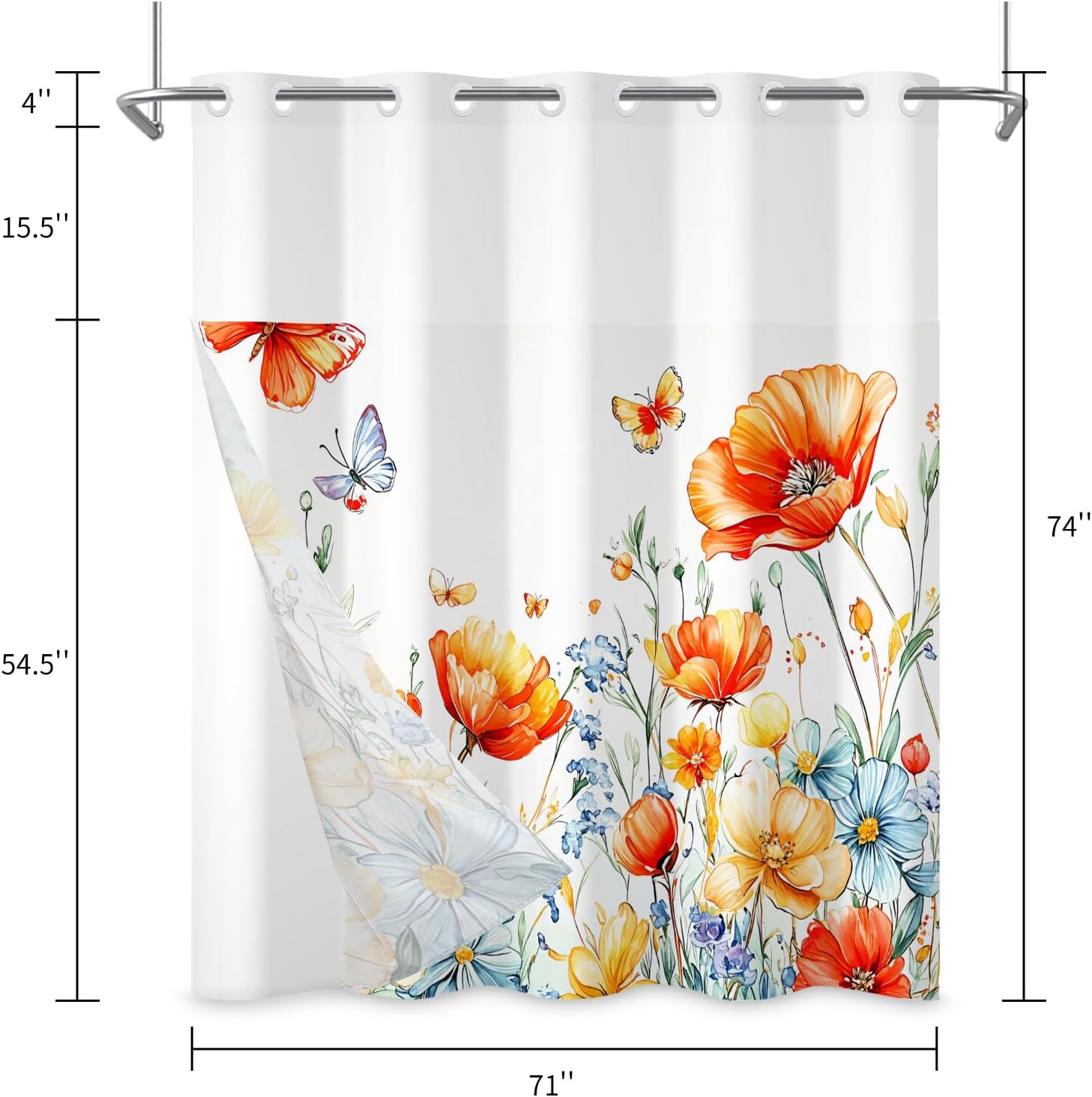 Leowefowa Wildflower No Hook Shower Curtain with Snap in Liner, Spring Watercolor Floral Butterfly Ringless Shower Curtain, See Through Mesh Top Window Waterproof Fabric Hotel Curtains Set 71x74inch
