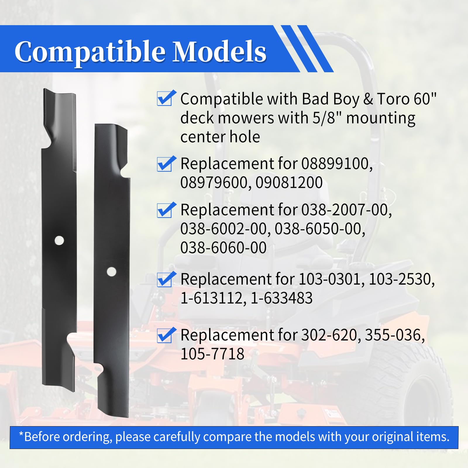 Keycci 038-6050-00 - Cuchillas de alta elevación compatibles con Bad Boy to ro de 60 pulgadas, cuchillas de cortacésped con muescas de repuesto 038-6060-00 038-2007-00 103-2530, paquete de 6