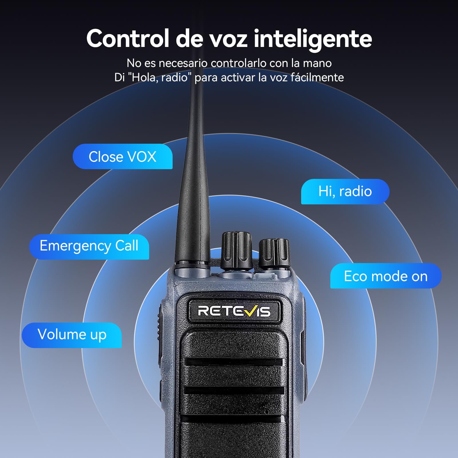 Retevis C64 Walkie Talkies con Control de Voz, Radio Bidireccional de Largo Alcance, 2500 mAh, VOX, Radio de Alta Potencia con Micrófono de Altavoz para Seguridad, Emergencia (Negro, 2 Piezas)