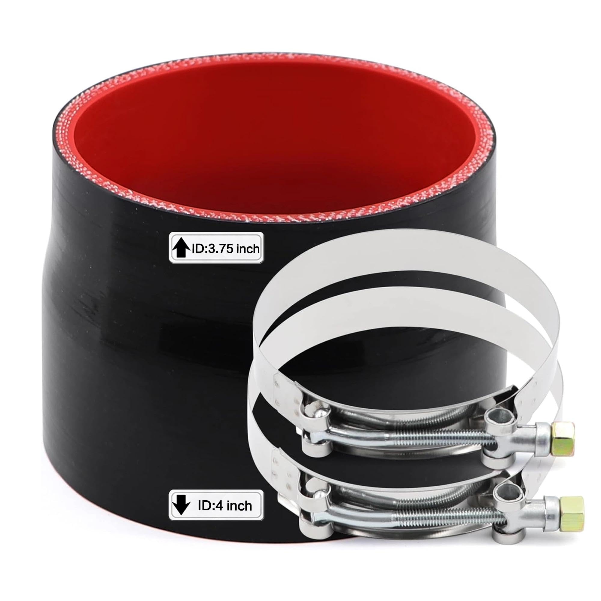 3-3/4 to 4 inches Straight Black Silicone Reducer Coupler with 2 T-Bolt Clamps 4 Layers of Polyester Reinforcement Suitable High Level Turbo Pipe