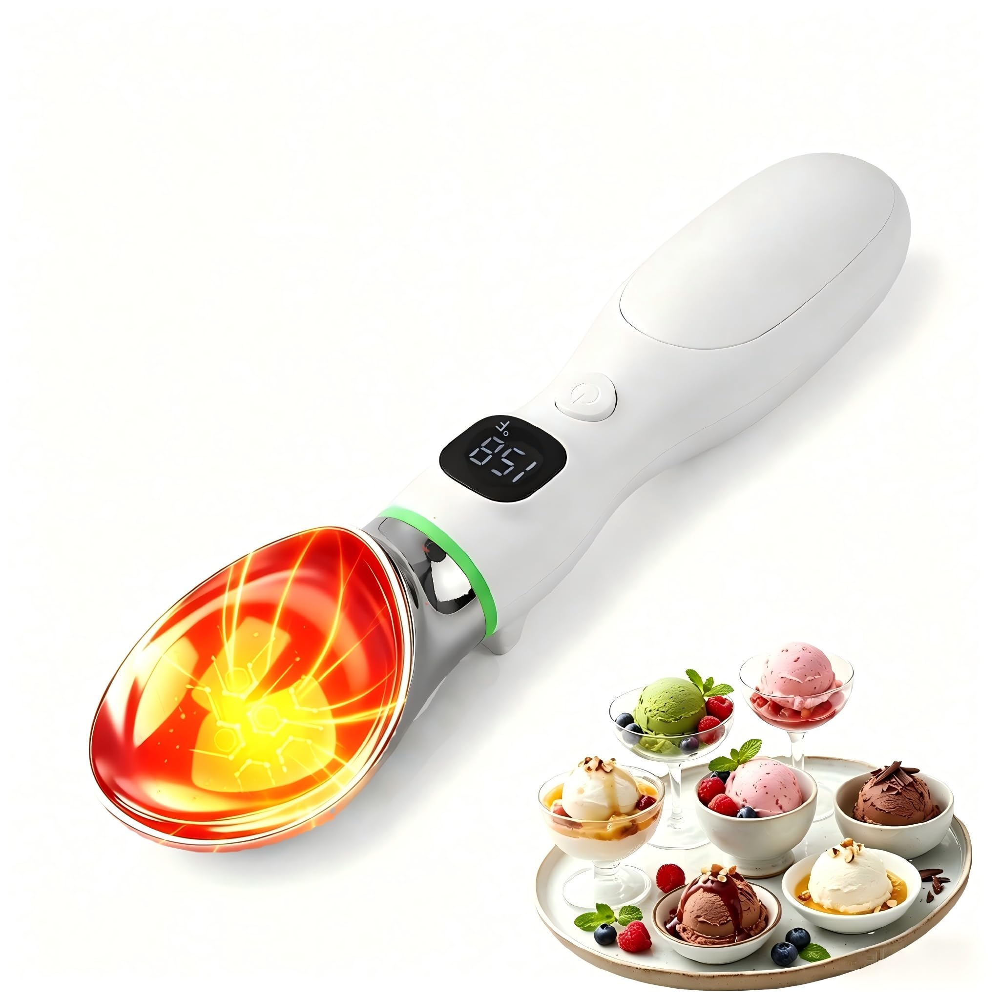 Cuillère à glace chauffante rechargeable, cuillère électrique chauffante avec écran LED et étanchéité IP67, chaleur réglable jusqu'à 70 °C pour crème glacée, gelato, sorbet, yaourt glacé, beurre ferme