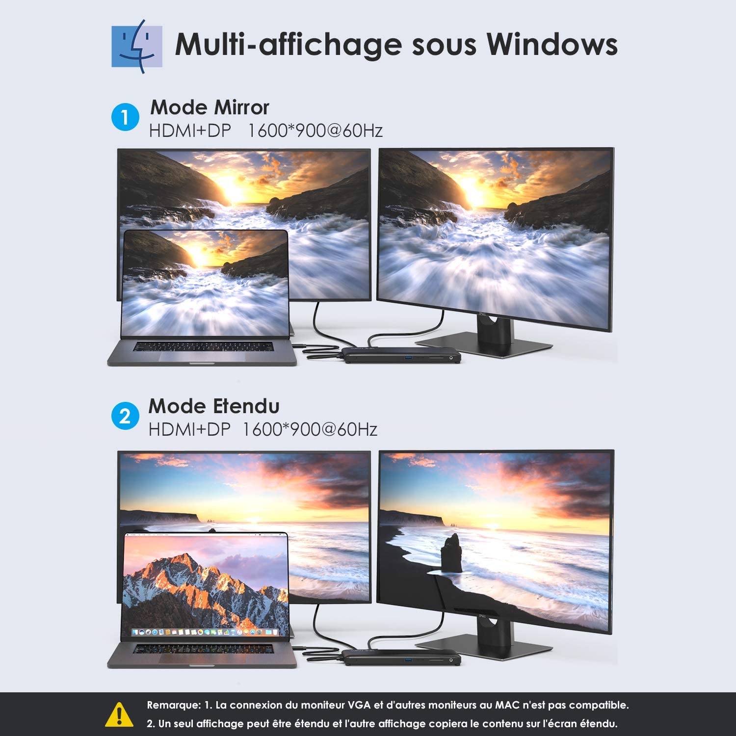 WAVLINK Station d'accueil USB-C, Triple Affichage, Écran d'extension, USB3.0/2.0, VGA, 1x Displayport & HDMI, USB-C 100W PD Charge Alimenté, Rj45 Gigabit Enthernet, Compatible avec Mac Os et Windows