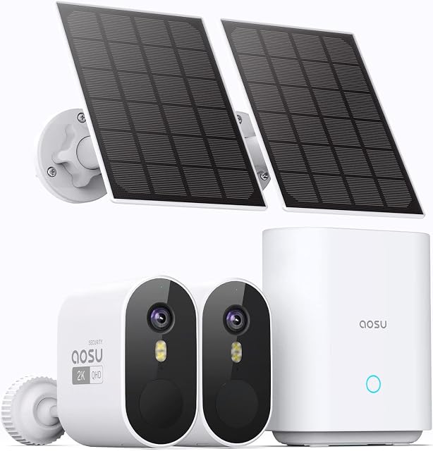 Solar Security Cameras Wireless Outdoor, No Subscription, 32GB Local Storage on Homebase, 2K, 166° View, Spotlight, Support 2.4&5G WiFi Router and Alexa & Google Assistant