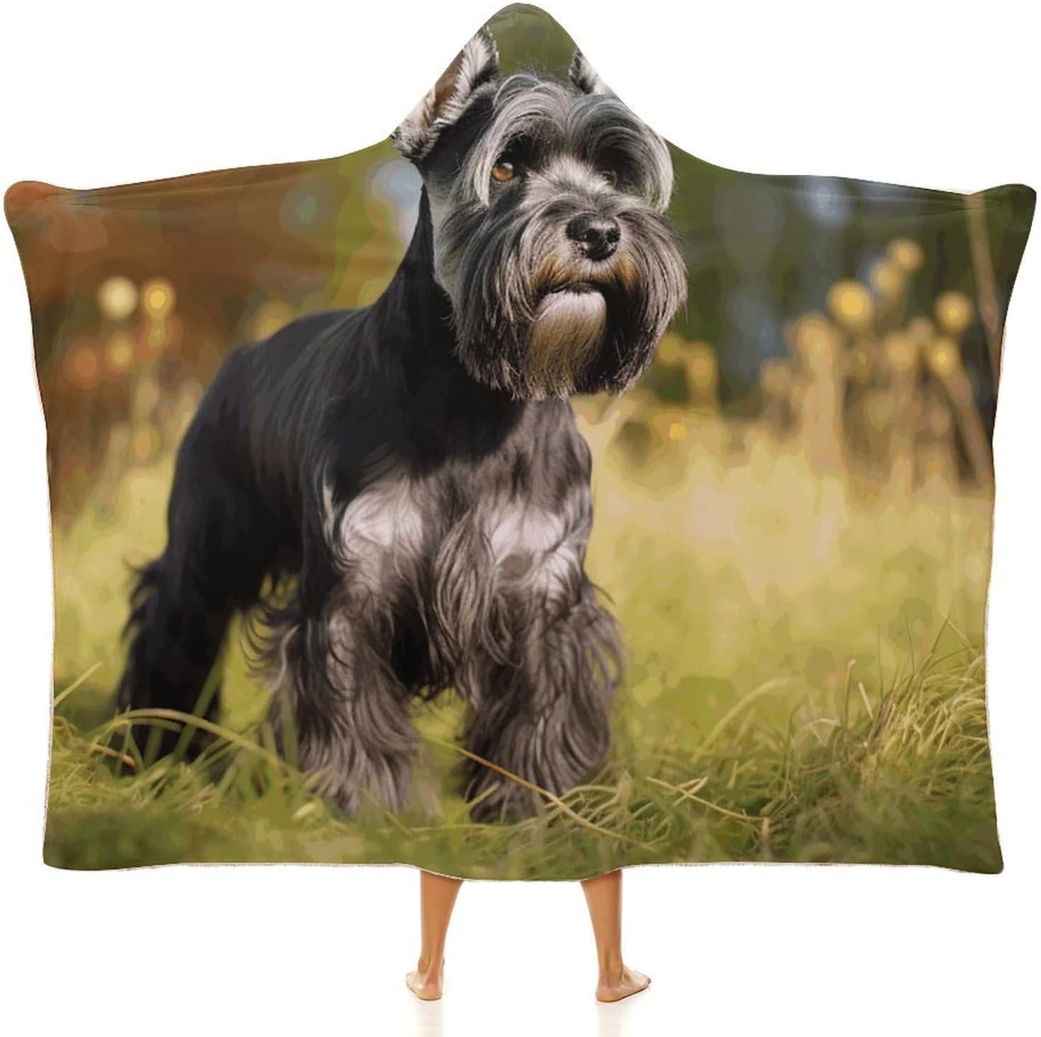 Schnauzer Dog on The Grass Wearable Hooded Blanket, Ultra Soft Arctic Velvet Cape Cloak Unisex - Cozy Wearable Blanket