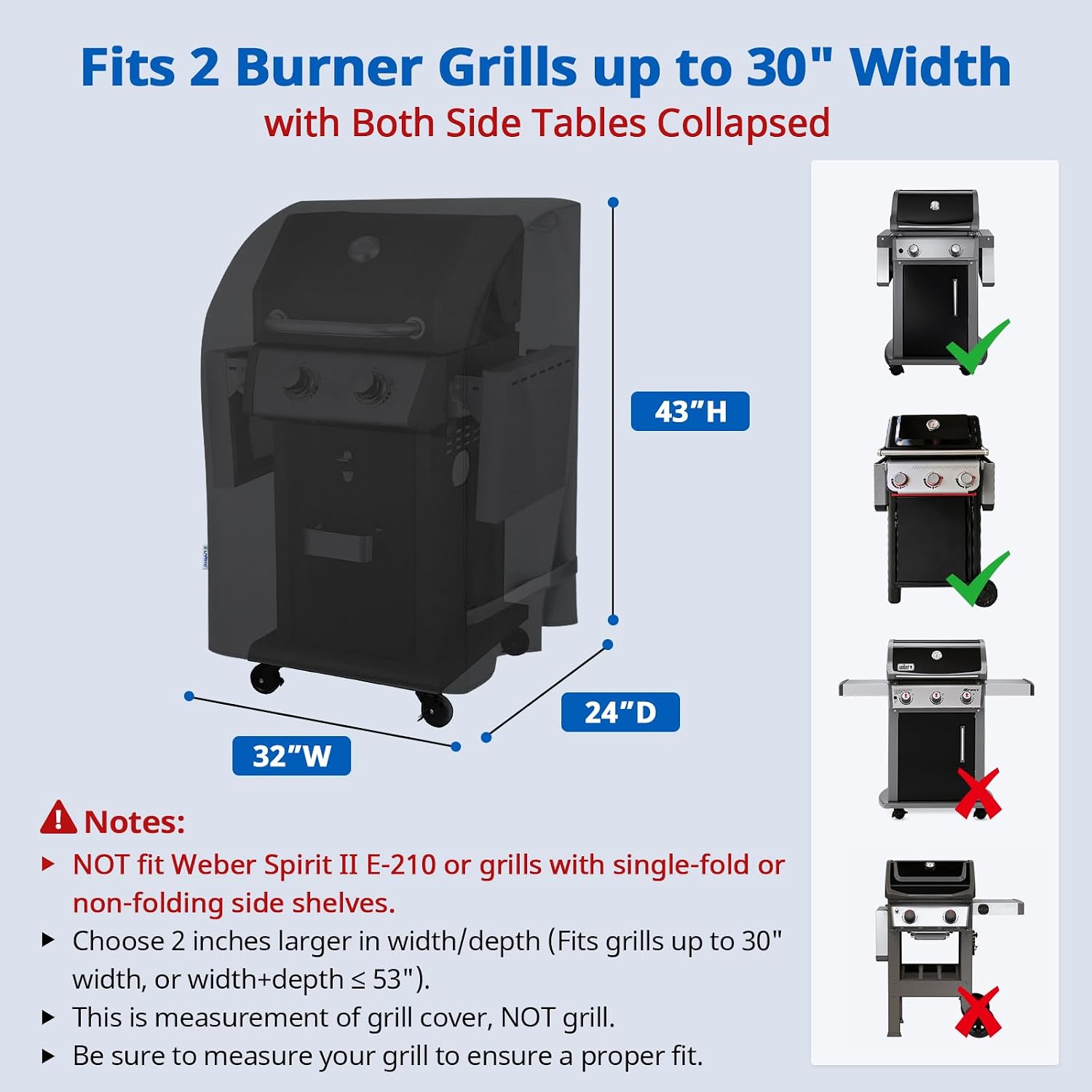 sunpatio 2 burner gas grill cover 32 inch, heavy duty waterproof small bbq grilling cover, compatible for weber char-broil nexgrill and more grills with collapsed side tables, all weather protection 2 burner - 32"w x 24"d x 43"h