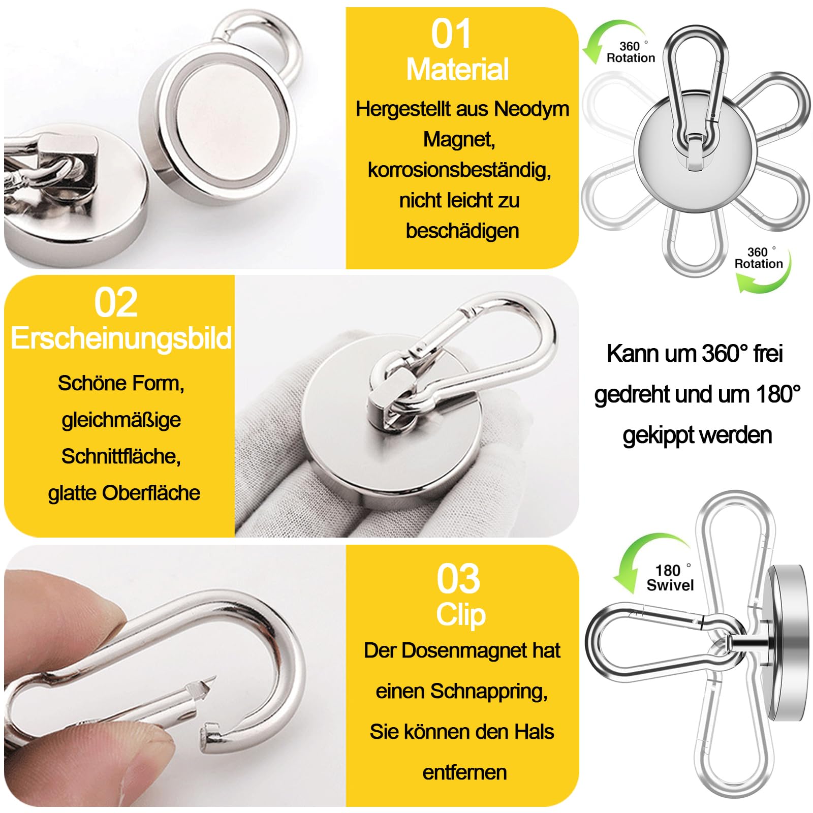 2 sztuki haków magnetycznych, ekstra mocne, 42 mm, magnesy neodymowe, obciążenie do 69 kg, obracane o 360°, do lodówek, kuchni