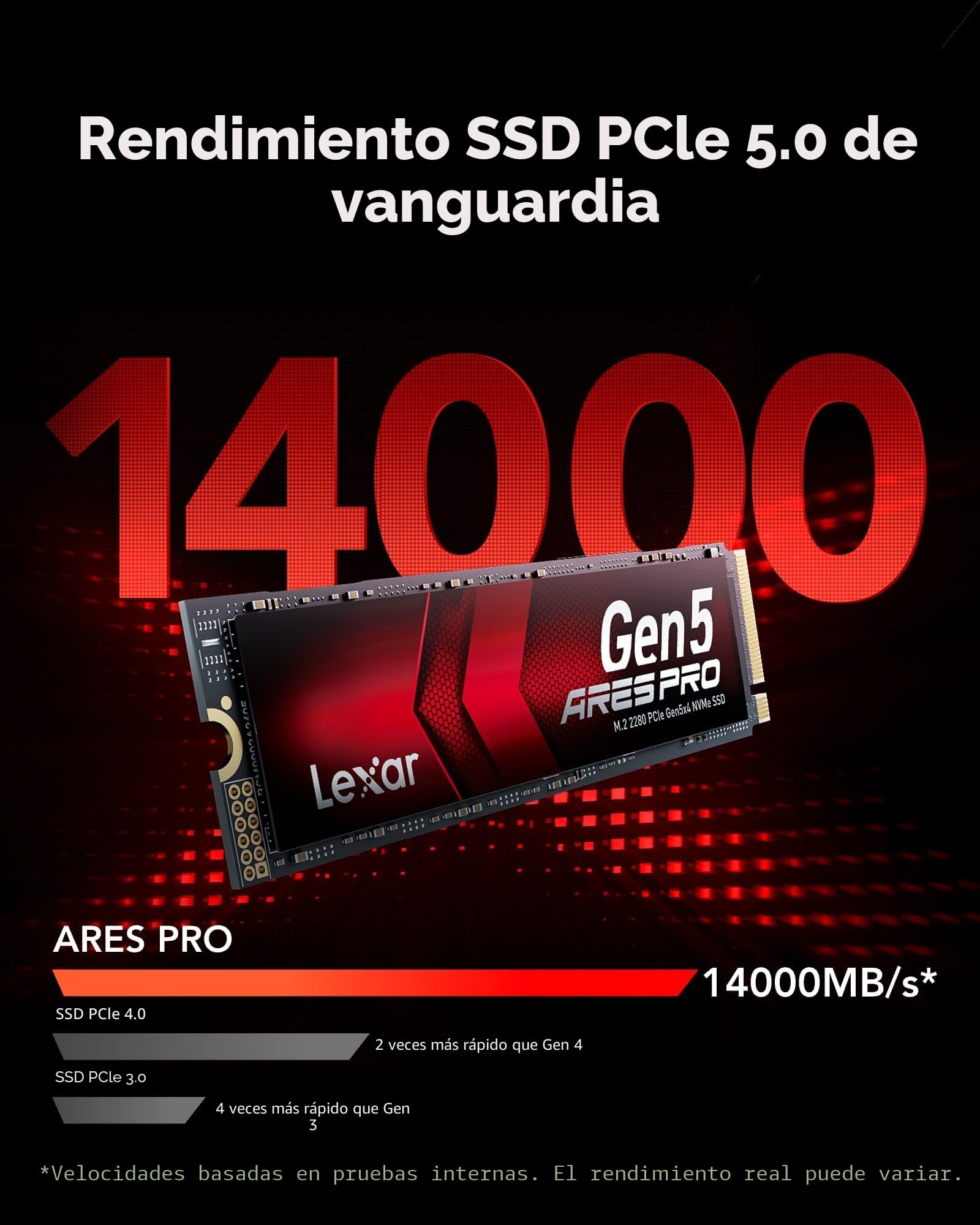 Lexar Ares Pro SSD 1TB PCIe Gen5 NVMe M.2 SSD Interno, hasta 14.000 MB/s de Lectura – para Aplicaciones de IA, Juegos AAA, Edición de Video, Compatible con PC, Laptops & PS5
