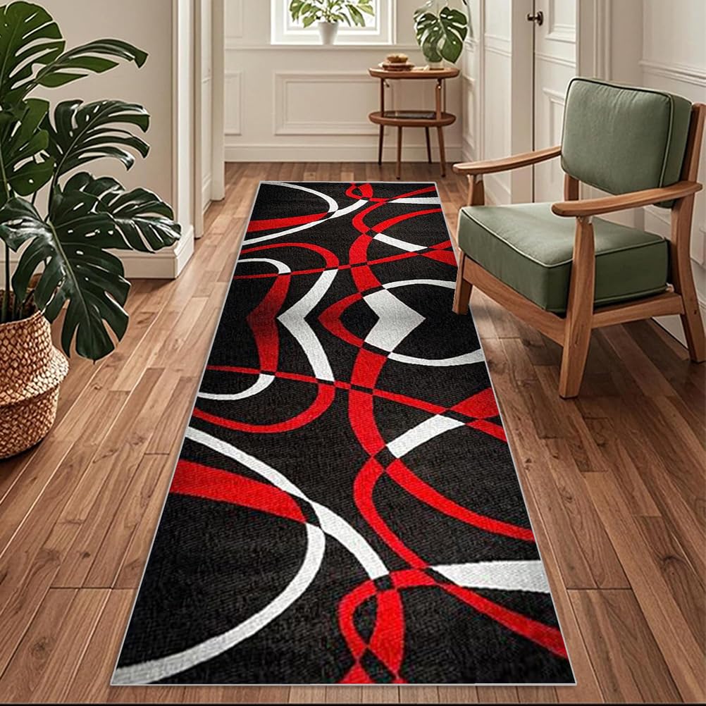 Siunwdiy Extra Long Runner Rugs for Hallway 40x600cm Modern vintage Black red Carpet Runners for Hallways Non Slip Long,Kitchen Rugs Washable,Corridors Runner Rug for Living Room,Entrance,Home Decor