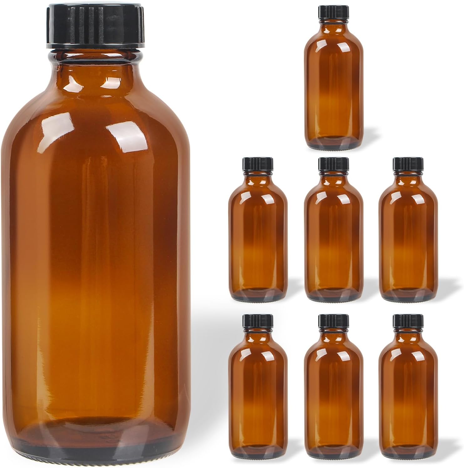 8 Pack 8 oz Amber Glass Bottles with Black Caps, Boston Round Bottles for Homemade Vanilla Extract, Essential Oils, Syrup, Juice, Leakproof Empty Containers for Holiday Gifts & Liquids