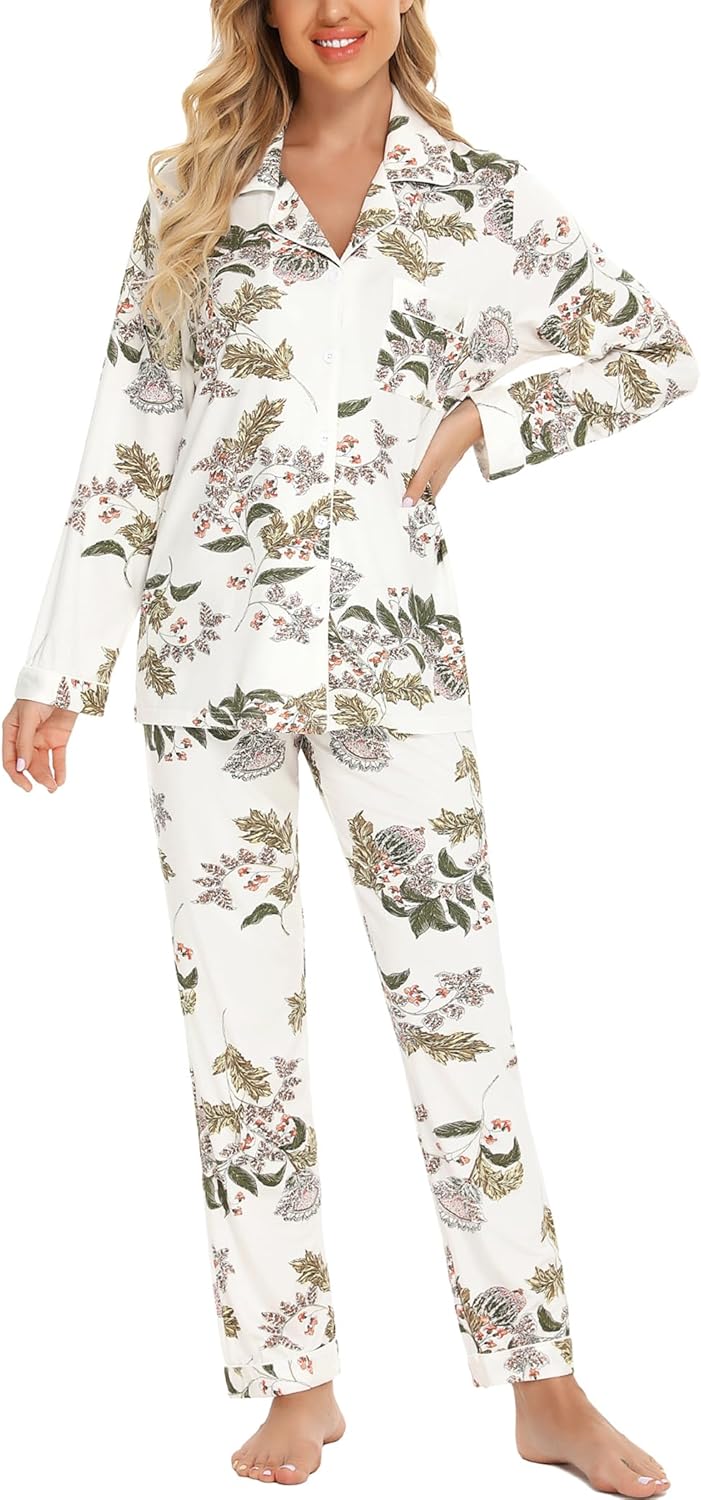 Leikar Button Up Pajama Set For Women Long Sleeve Shirt And Pajama Pants Soft Pjs Lounge Sets - Image 3