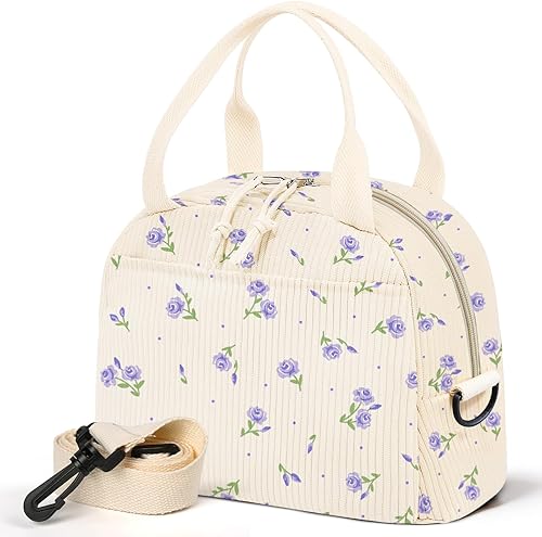 Lonchera para mujer, lonchera con diseño floral, bonita lonchera aislada de pana con correa para el hombro para mujeres adultas, para el trabajo,