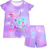 Conjunto de pijama infantil para meninas, 2 peças, conjunto de pijama infantil esvoaçante de manga curta