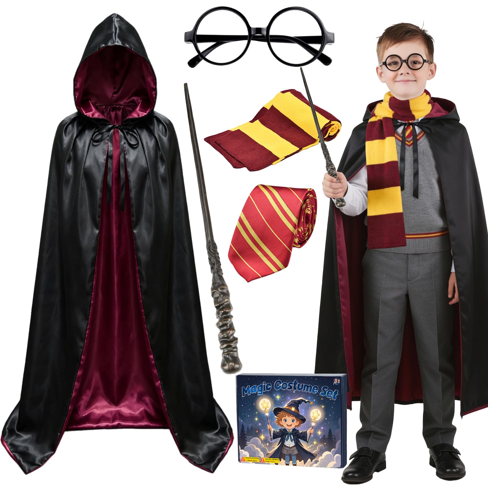 Abitoncc 5PCS Wizard Costume Set for Kids World Book Day Costume Black Cape, Wizard Wand, Glasses