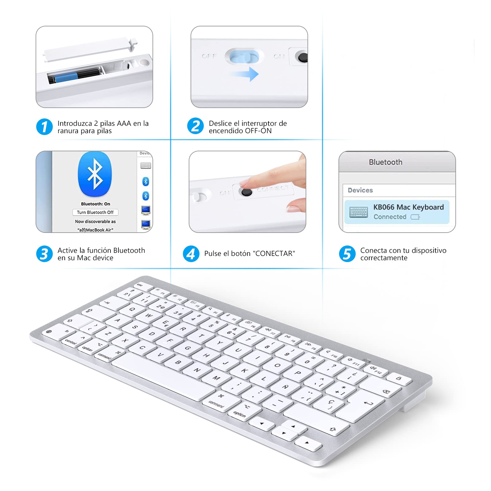 OMOTON Tastiera Bluetooth per Mac, 2 batterie AAA, QWERTY spagnolo, argento | Tastiera wireless compatta per Apple Mac Mini/MacBook Pro/Air/iMac/iMac Pro, ufficio, lavoro, studio