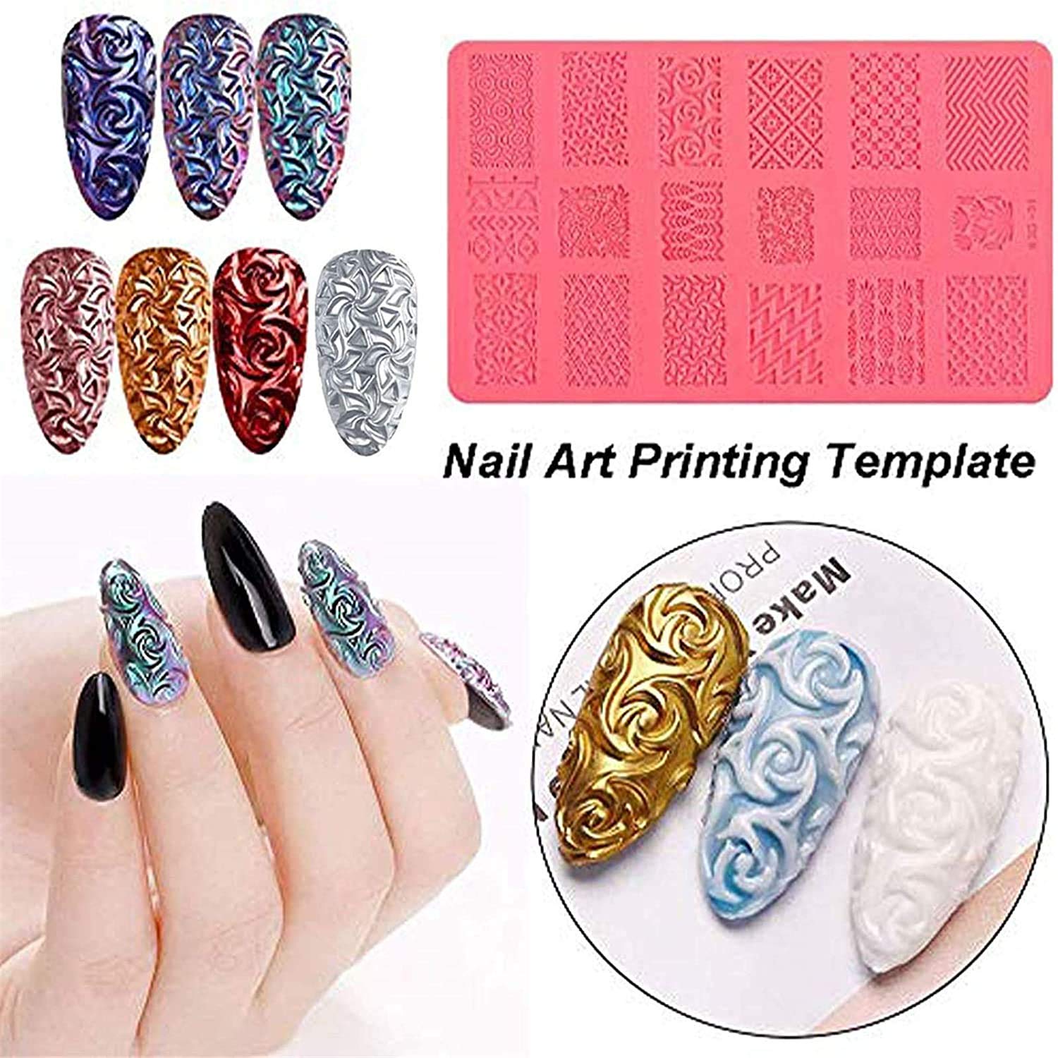 Amazon.com : 4D Sculpture Nail Art Mold Set, Nail Art Silicone Printing  Template Plastic Template 3D Relief, DIY Nail Art Printing Template, for  Natural Nails, Nail Polish, Acrylics (Template+MCB03 +PVC Gel) :