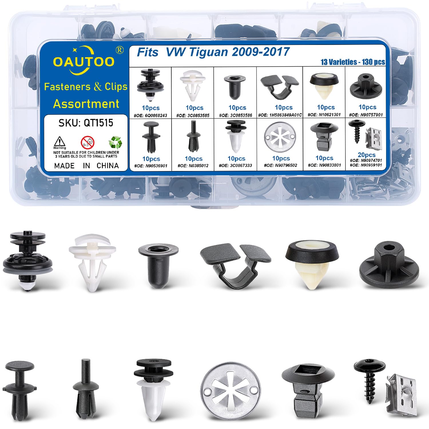 OAUTOO 130pcs fits Volkswagen Tiguan 2009-2017, Tiguan Limited 2017-2018 Body Interior and Exterior Retainer Fastener Clip Assortment Door Trim Panel Clips Bumper Fender Liner Screw with Nut Kit