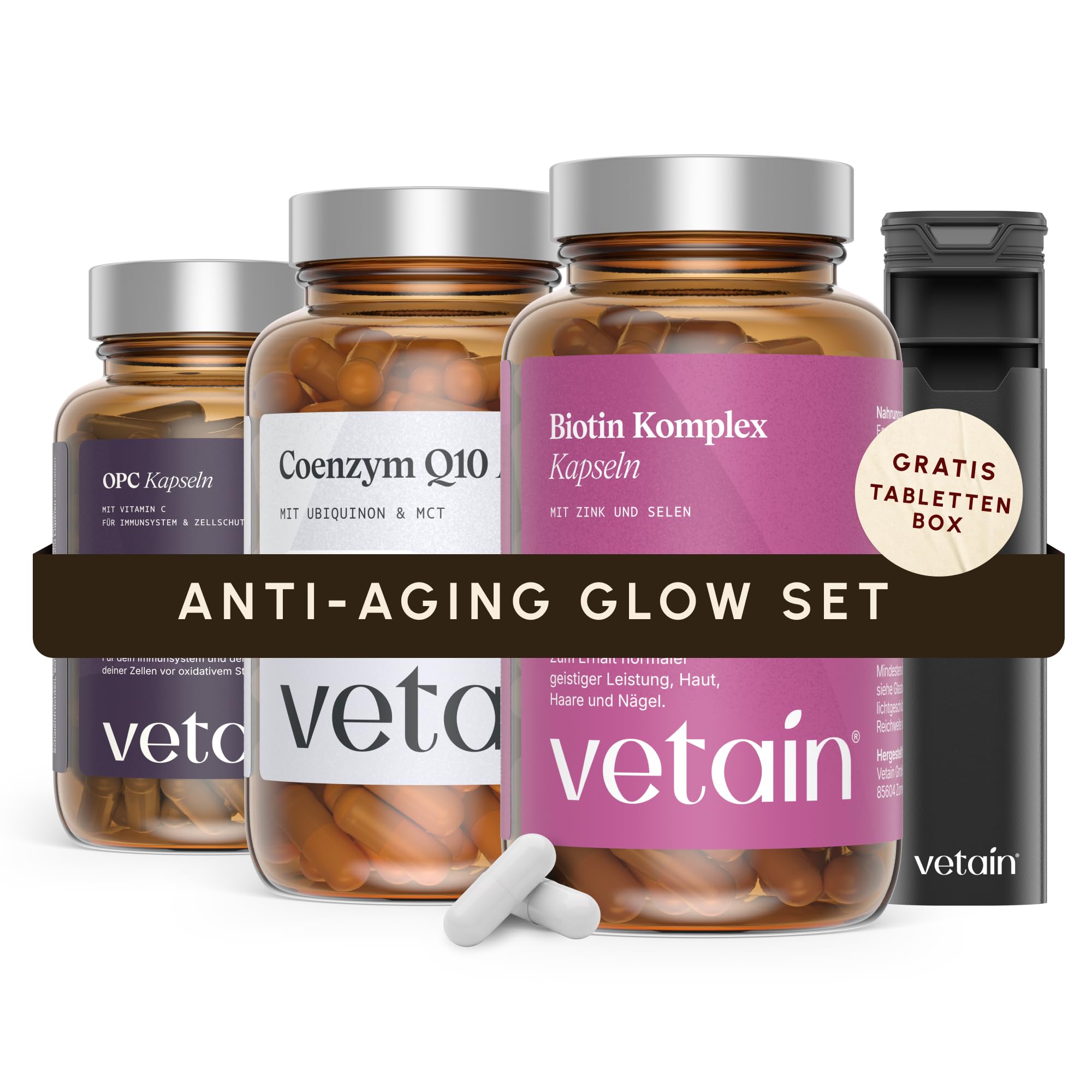 VETAIN Anti Aging Glow Set – Mit Biotin Komplex, Coenzym Q10 & OPC – Haut, Haare & Zellschutz von innen – GRATIS Premium Tablettenbox - hochdosiert & vegan – produziert in Deutschland