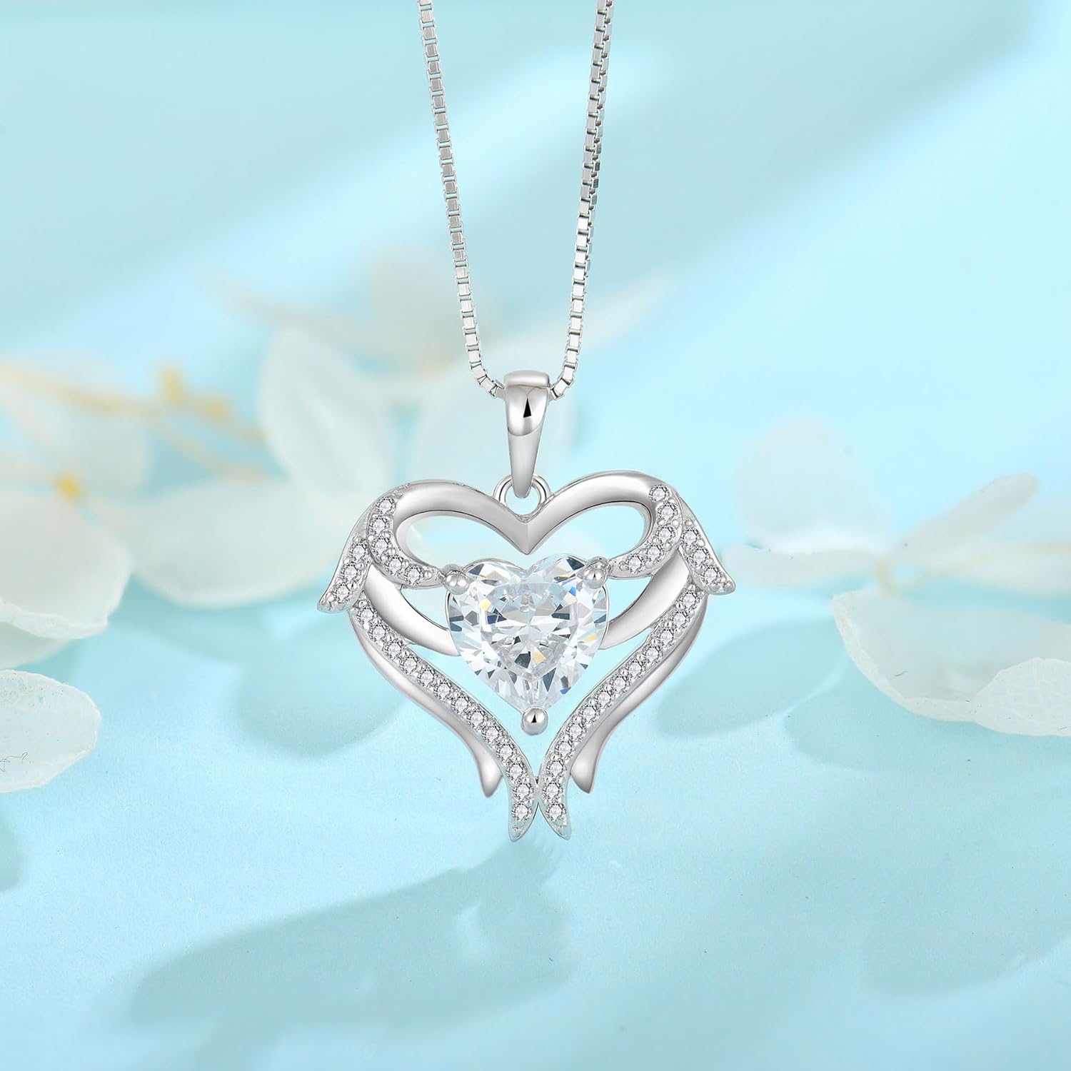 FJ Heart Angel Wings Pendant Necklace 925 Sterling Silver Birthstone Jewelry Gifts for Women - Image 3