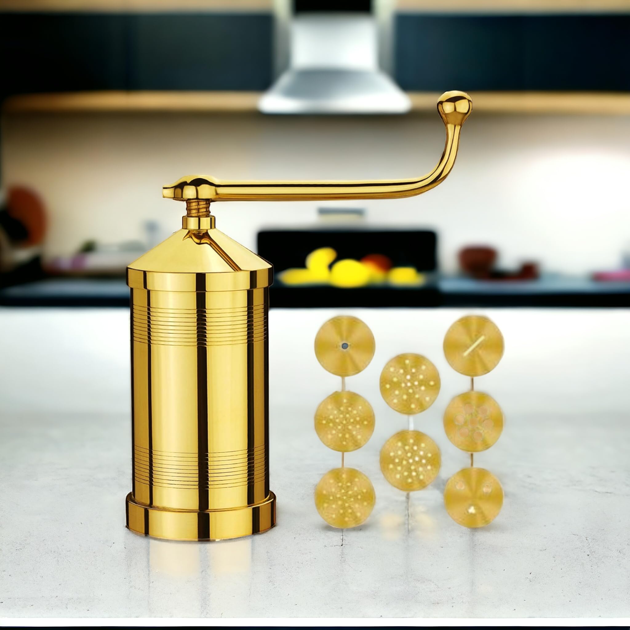 Whizzo Pure Brass Sev Sancha Machine with Free 6 Different Jali for Making Different Types of Sevaiya, Sev, Gathiya Murukku, Chakli, Bhujia Etc [900gm, Classic]
