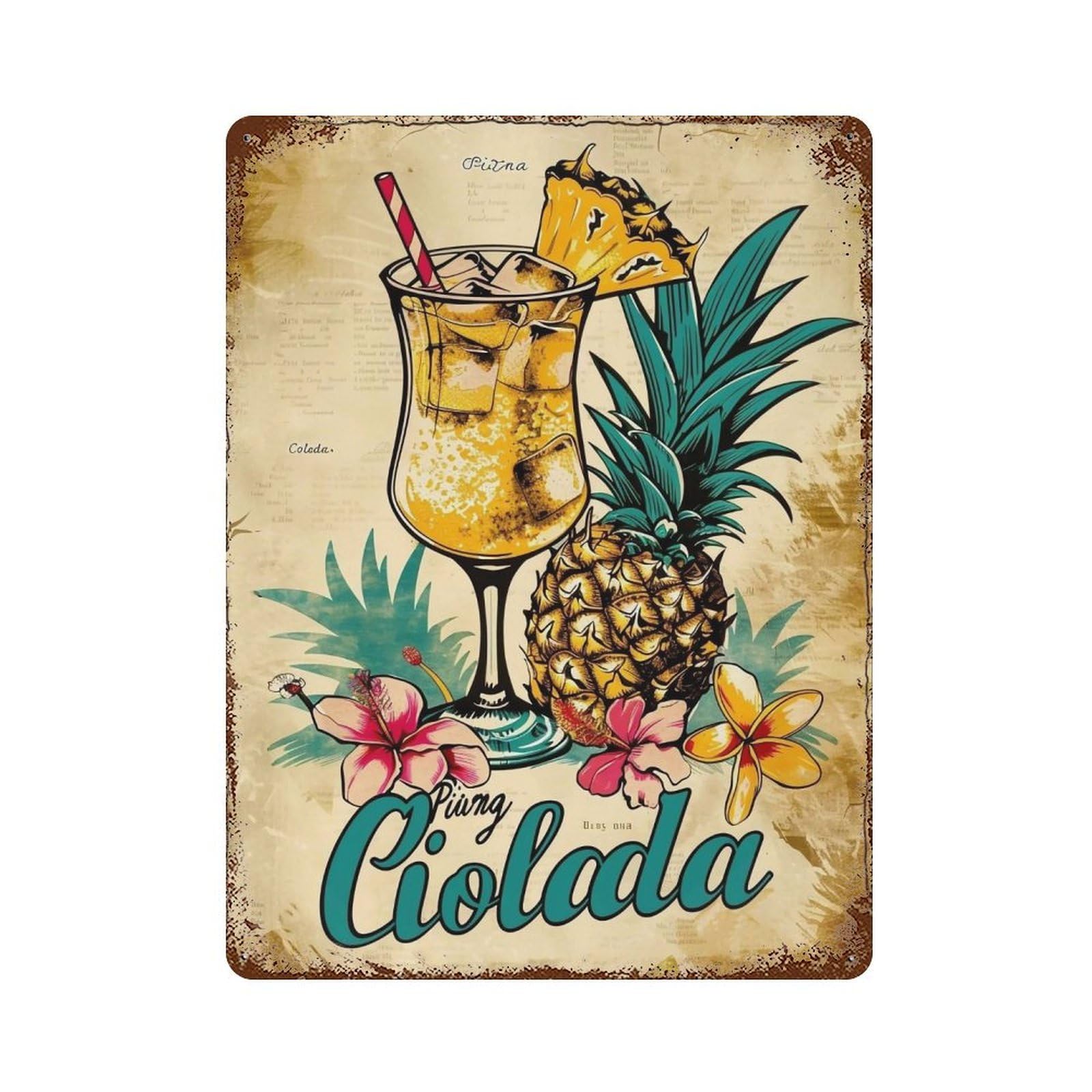 YHGERTKU Linocut Tiki Bar Pina Colada Drink Fruit 03 Wall Art Retro Iron Vintage Metal Tin Sign Poster Modern Decor for Living Rooms Gift 40x30cm
