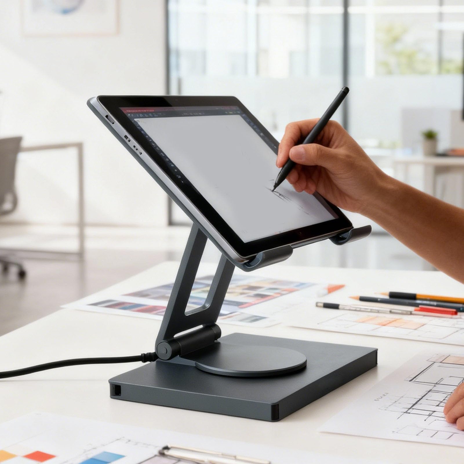 Tosuny Base para Portátil, Concentrador USB-C 7 en 1 con Carga PD de 100 W, HDMI 4K y Soporte Ergonómico Ajustable con Rotación de 360° para Oficina en Casa y Organización de